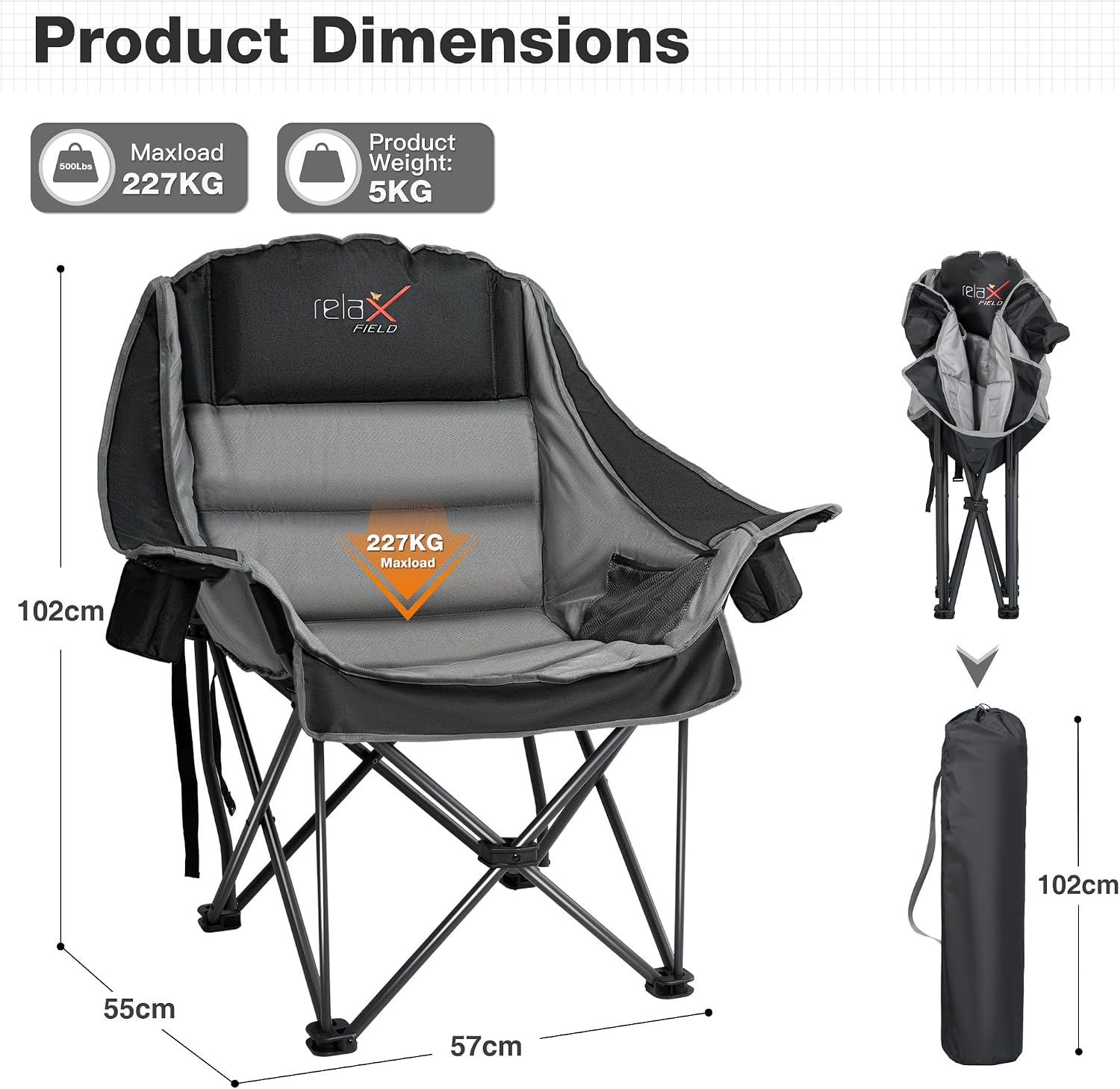 Thumbnail 2 de RELAX FIELD Set of 2 Oversized Camping Chairs for Adults – Heavy Duty, 200kg Capacity, Cup Holder & Cooler Bag (Grey)