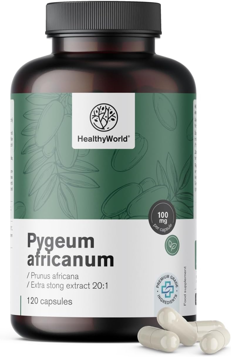 Detalle de HealthyWorld Pygeum 100 mg, extract 20:1, 120 vegetarische capsules
