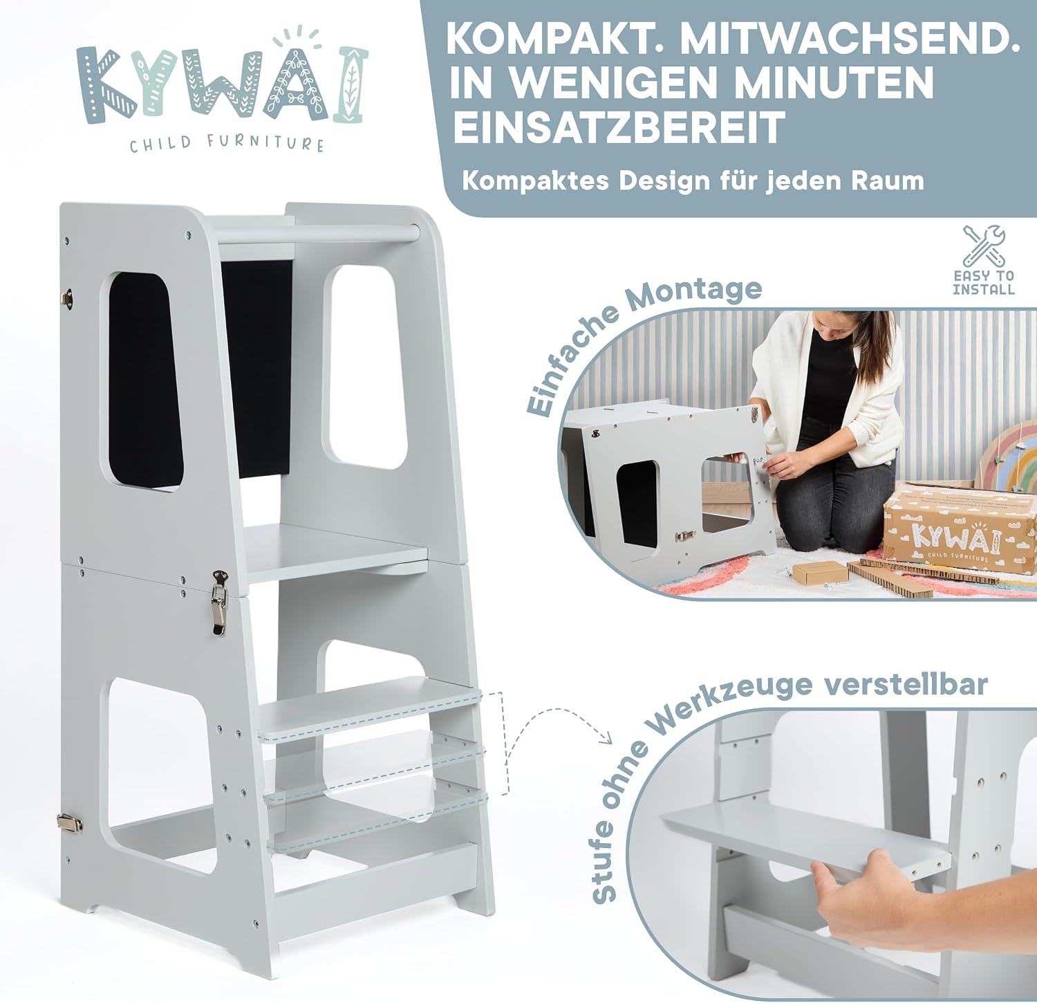 Thumbnail 5 de KYWAI Montessori Lernturm ab 1 Jahr – klappbar, 2-in-1 Premium Learning Tower & Tisch (grau)