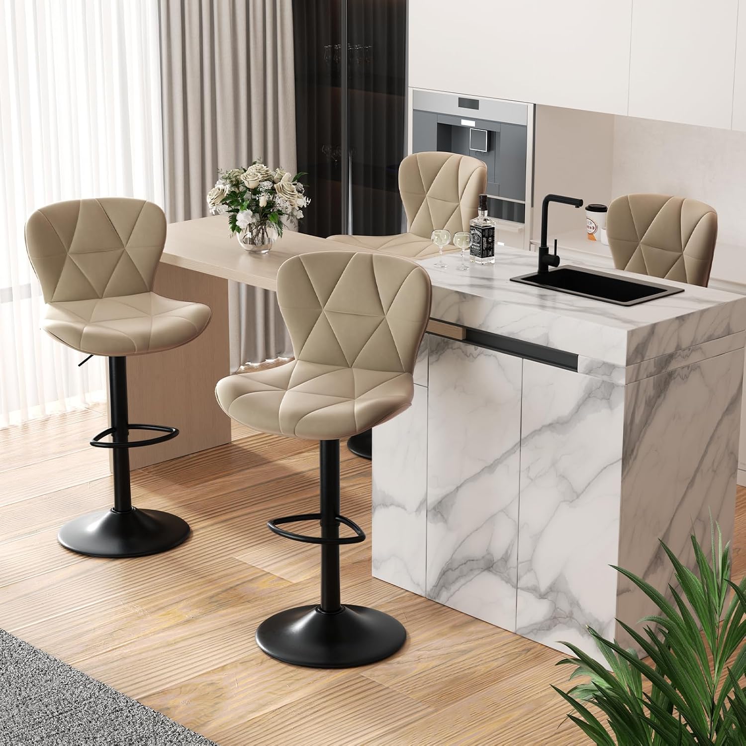 Detalle de Nalupatio Set of 4 Adjustable Swivel Bar Stools, Khaki Faux Leather