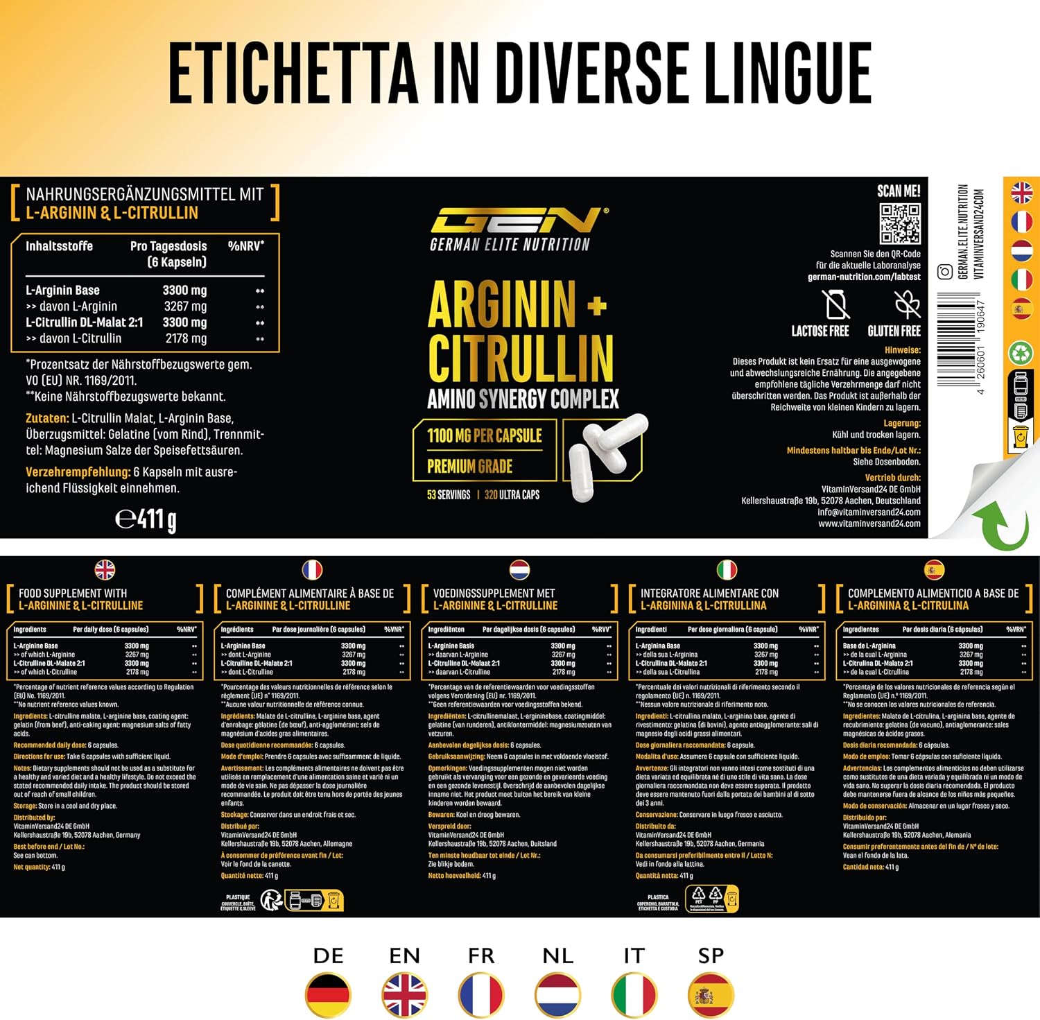Thumbnail 5 de L-arginina + L-citrullina Ultra Caps ad alto dosaggio — 320 capsule da 1100 mg