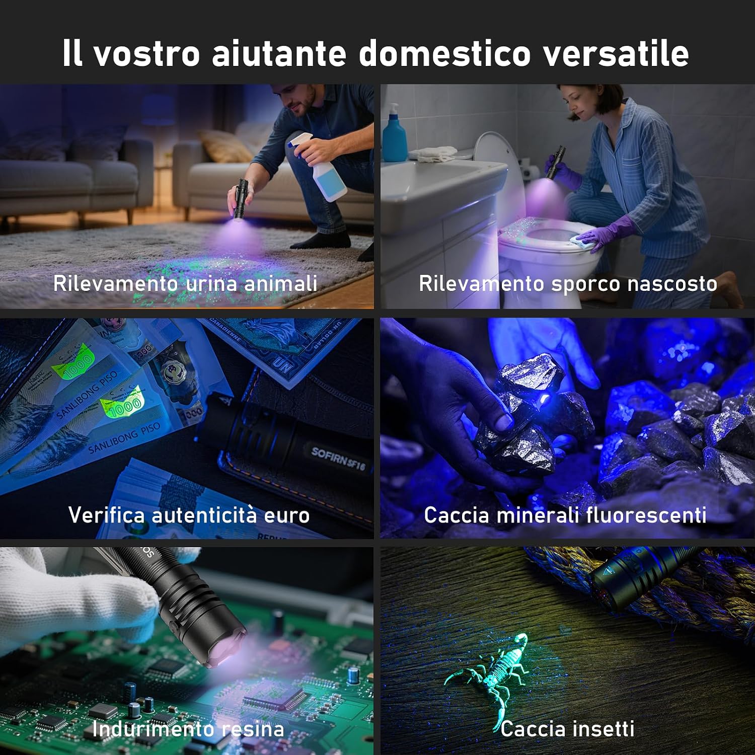 Thumbnail 1 de Sofirn SF16: torcia UV ricaricabile 365 nm per rilevamento macchie e UF di animali