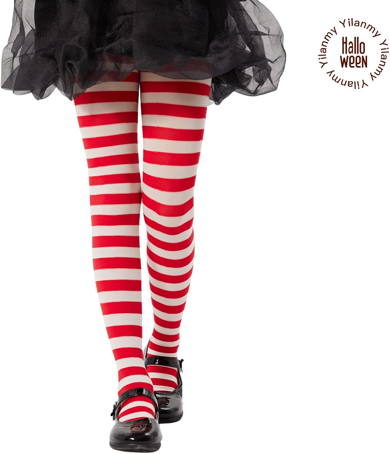 Detalle de Yilanmy 2 Pairs Children’s Striped Tights (Full Footed) for Girls, Red & White Stripe Styles