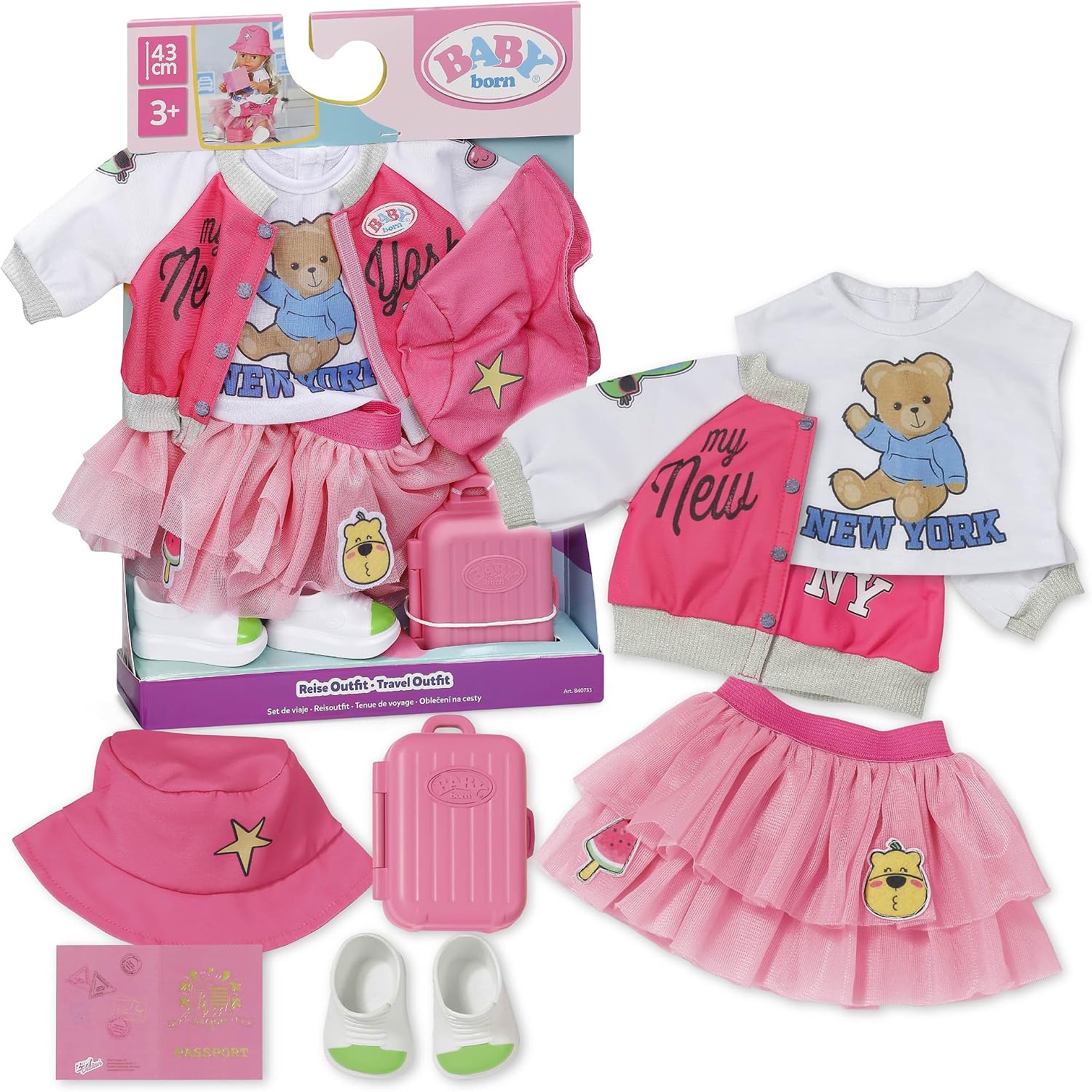 Detalle de BABY born Reisoutfit voor poppen van 43 cm met jurk en reisaccessoires
