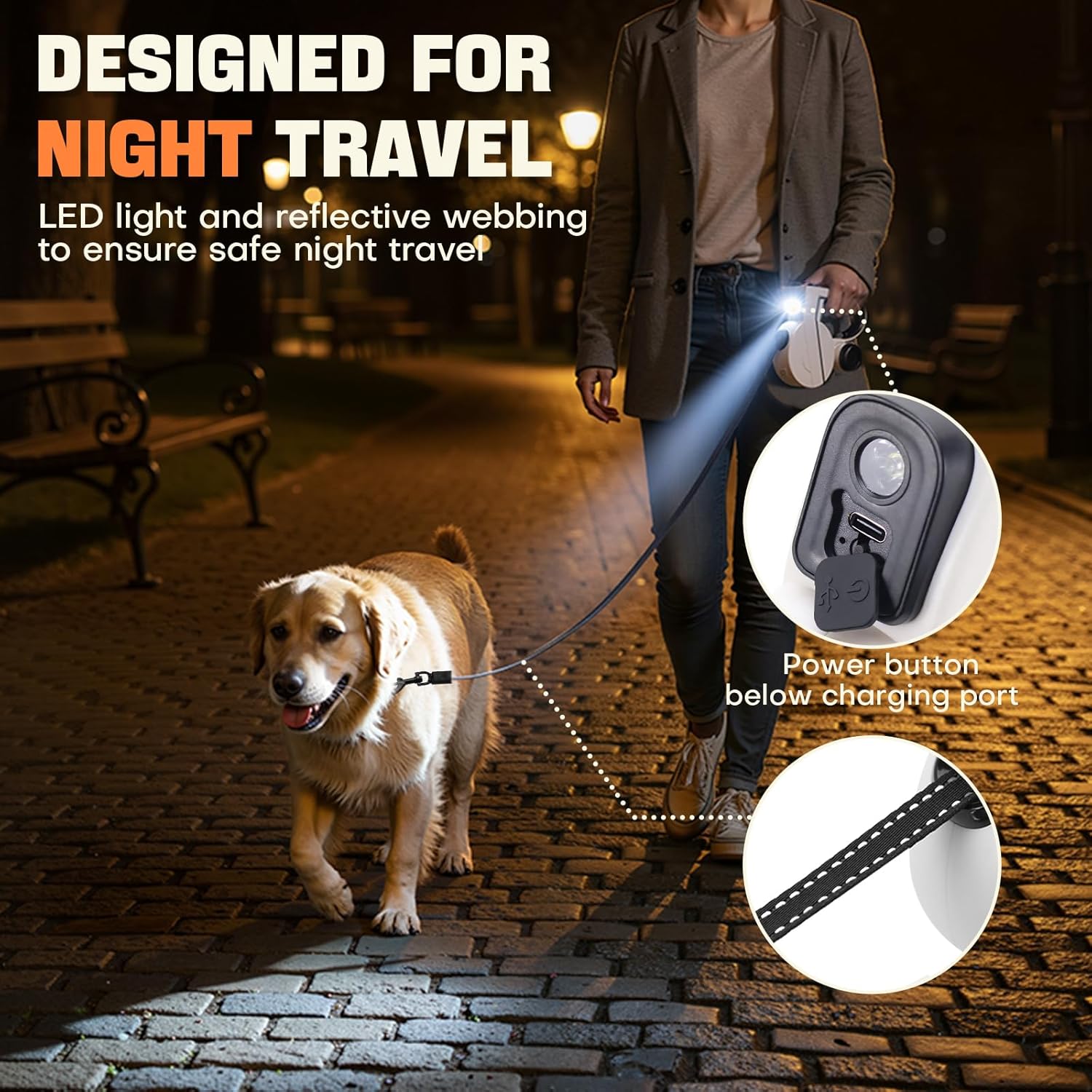 Detalle 2 de PETSWEET Retractable Dog Leash with LED Light, Reflective Tape and 16ft Lead