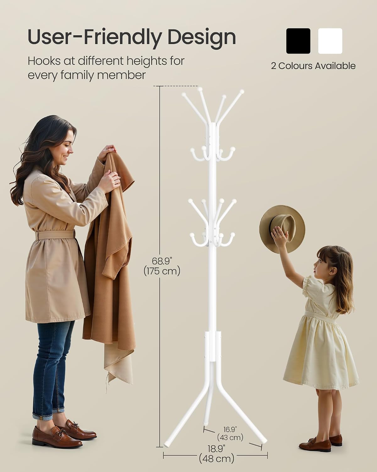 Detalle de SONGMICS RCR081WC01 Steel Coat Rack, 16 Hooks, 175 cm, Cloud White