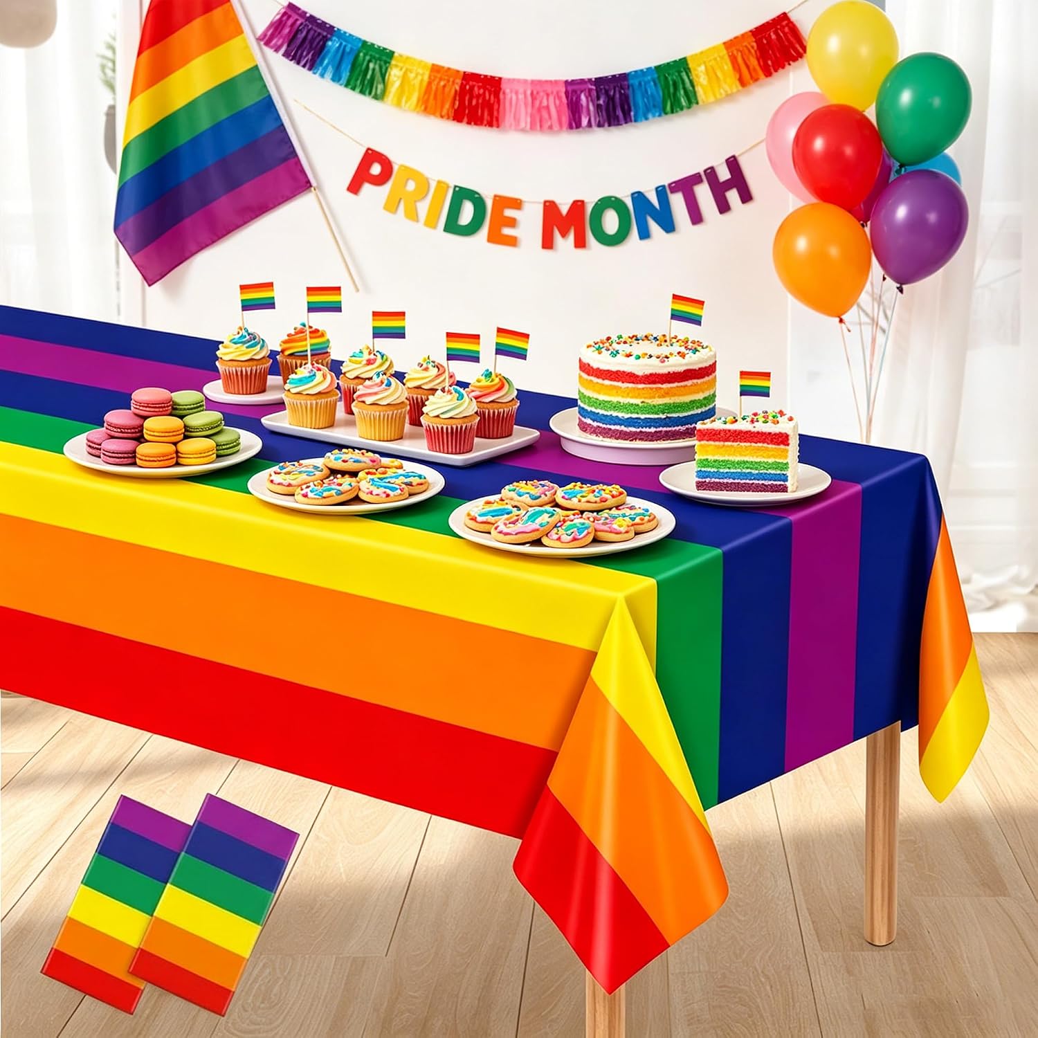Detalle de Everglit Rainbow Stripe Disposable Tablecloth, 137 × 274 cm, 2-Pack