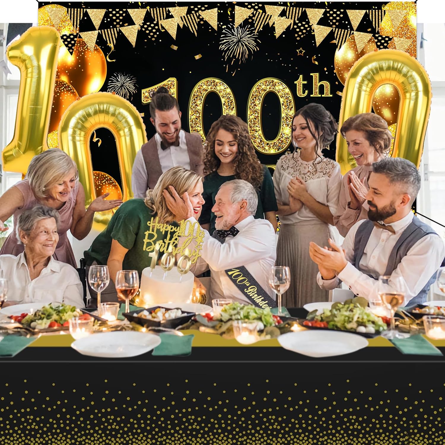 Detalle 2 de 100th Birthday Decorations Set for Men and Women – Black and Gold Milestone Party Kit