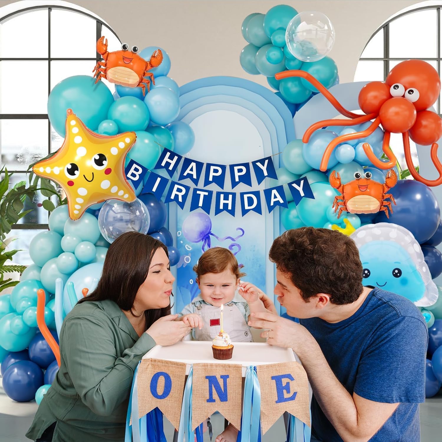 Detalle de 166Pcs Ocean Animals Blue Balloon Arch Kit – Light Blue to Teal and Orange Balloons for Under The Sea Party