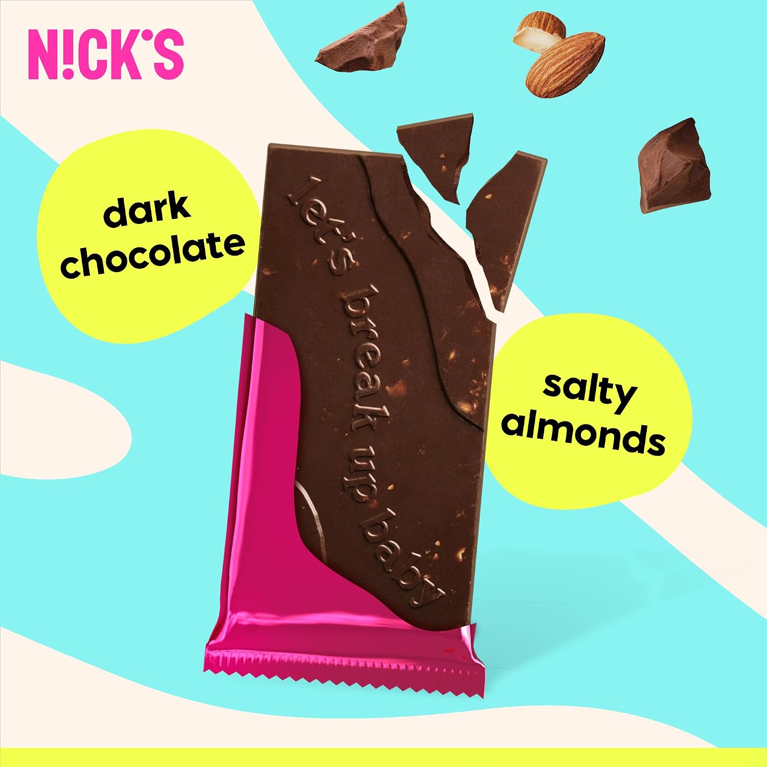 Detalle de N!CK'S Dark Chocolate with Almond & Sea Salt, Vegan Low-Carb Bars, 3 x 75 g