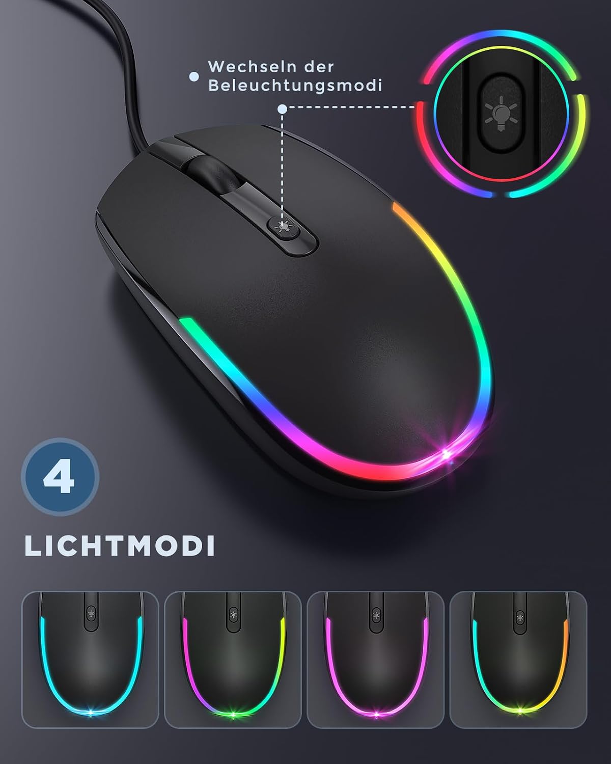 Detalle 2 de seenda Maus mit Kabel (1600 DPI, USB, LIGHTSYNC RGB) für PC/Laptop – Schwarz