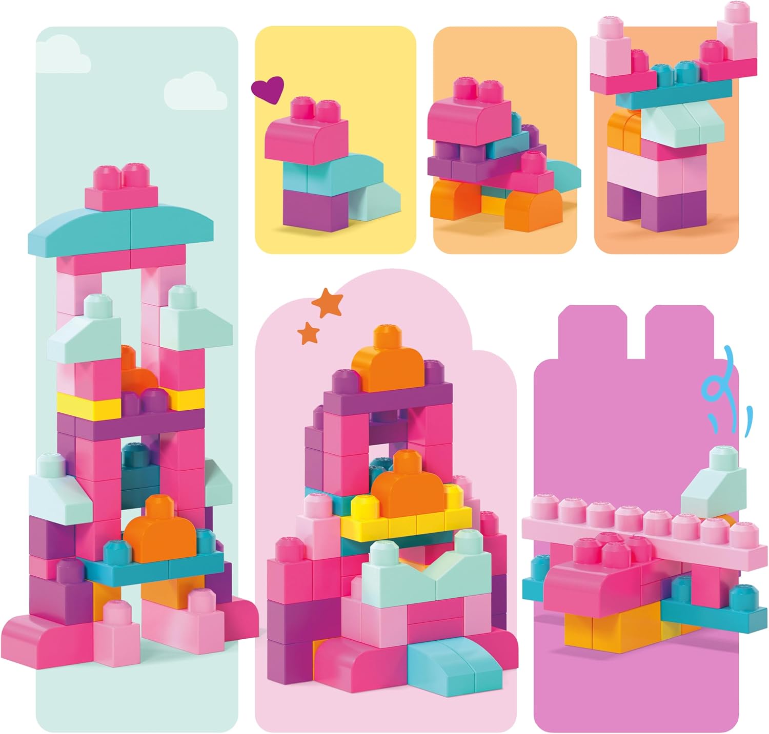 Detalle de Mega Bloks DCH54 – Grand sac de construction rose, 60 blocs empilables (à partir de 1 an)