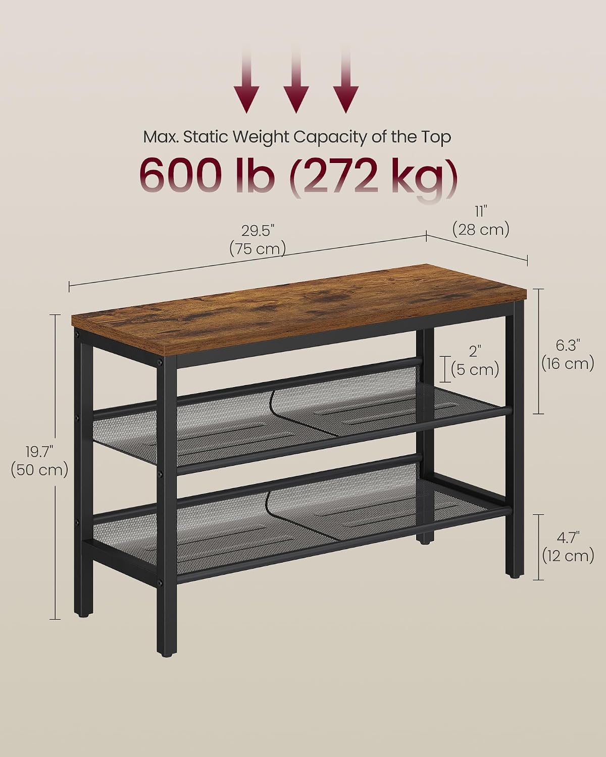 Detalle 2 de VASAGLE LSB070KD02 3 Tier Shoe Rack Bench 28 x 75 x 50 cm