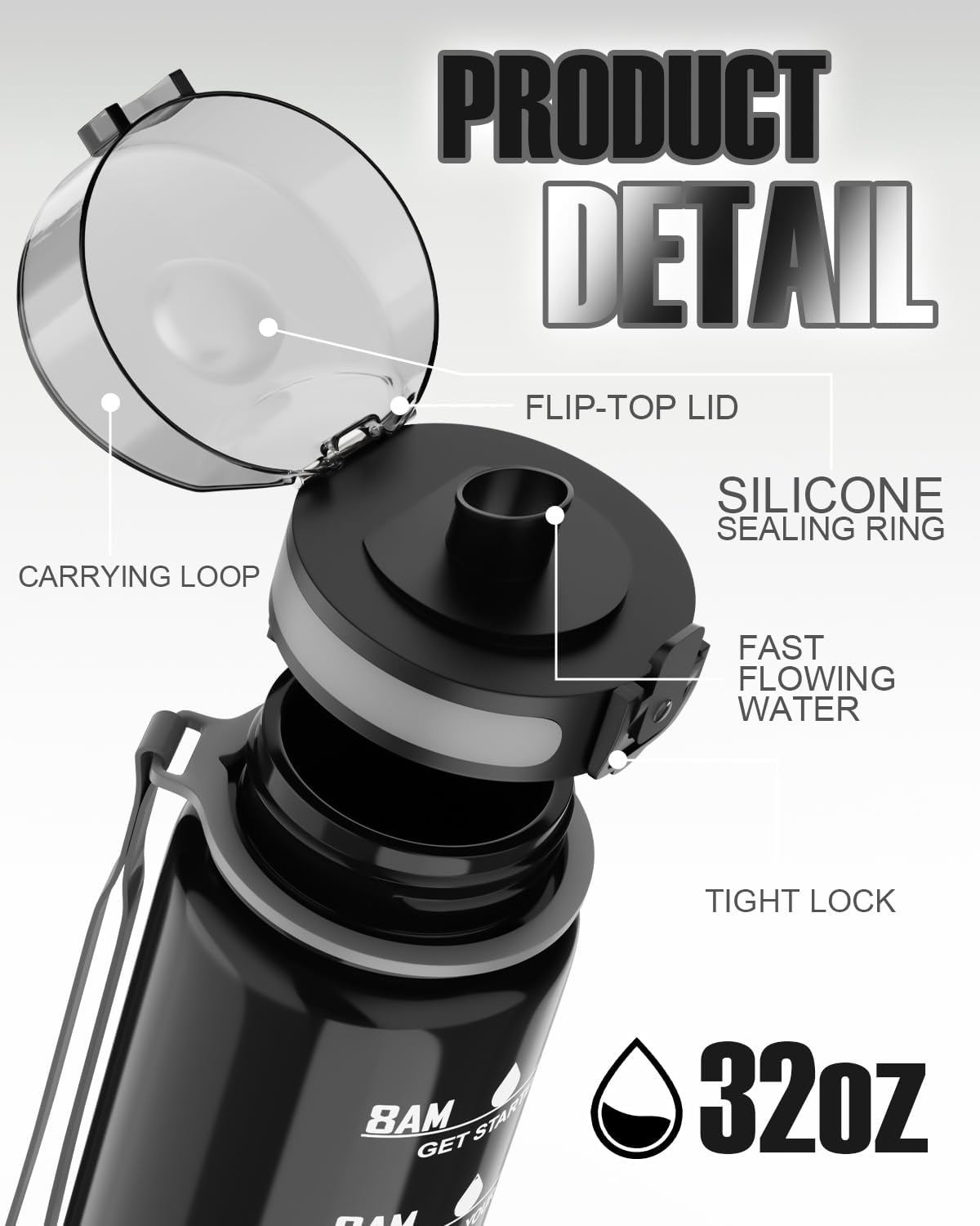 Thumbnail 3 de QIVORO 1-litre BPA-free Tritan motivational water bottle (black)