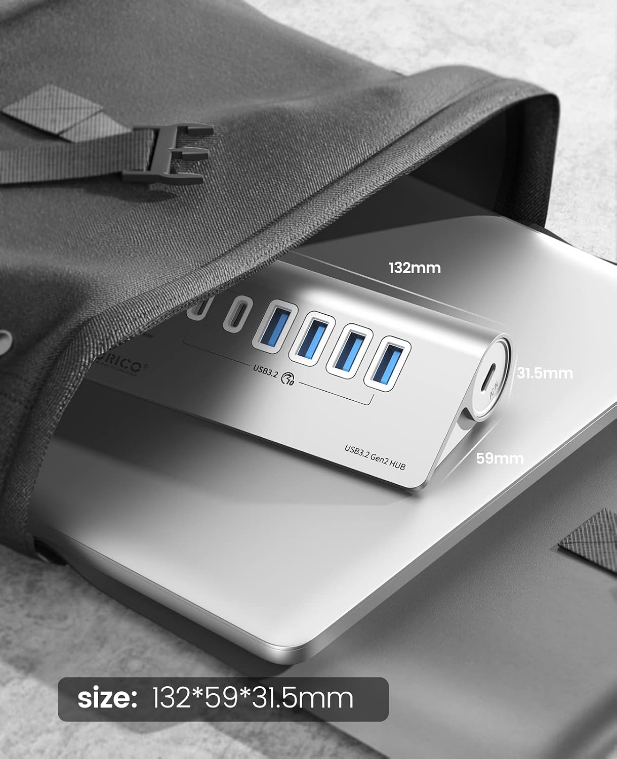 Detalle de ORICO USB C 3.2 Gen 2 Hub 7 porte con 10 Gbps e PD 60W, alluminio, 4x USB-A e 2x USB-C
