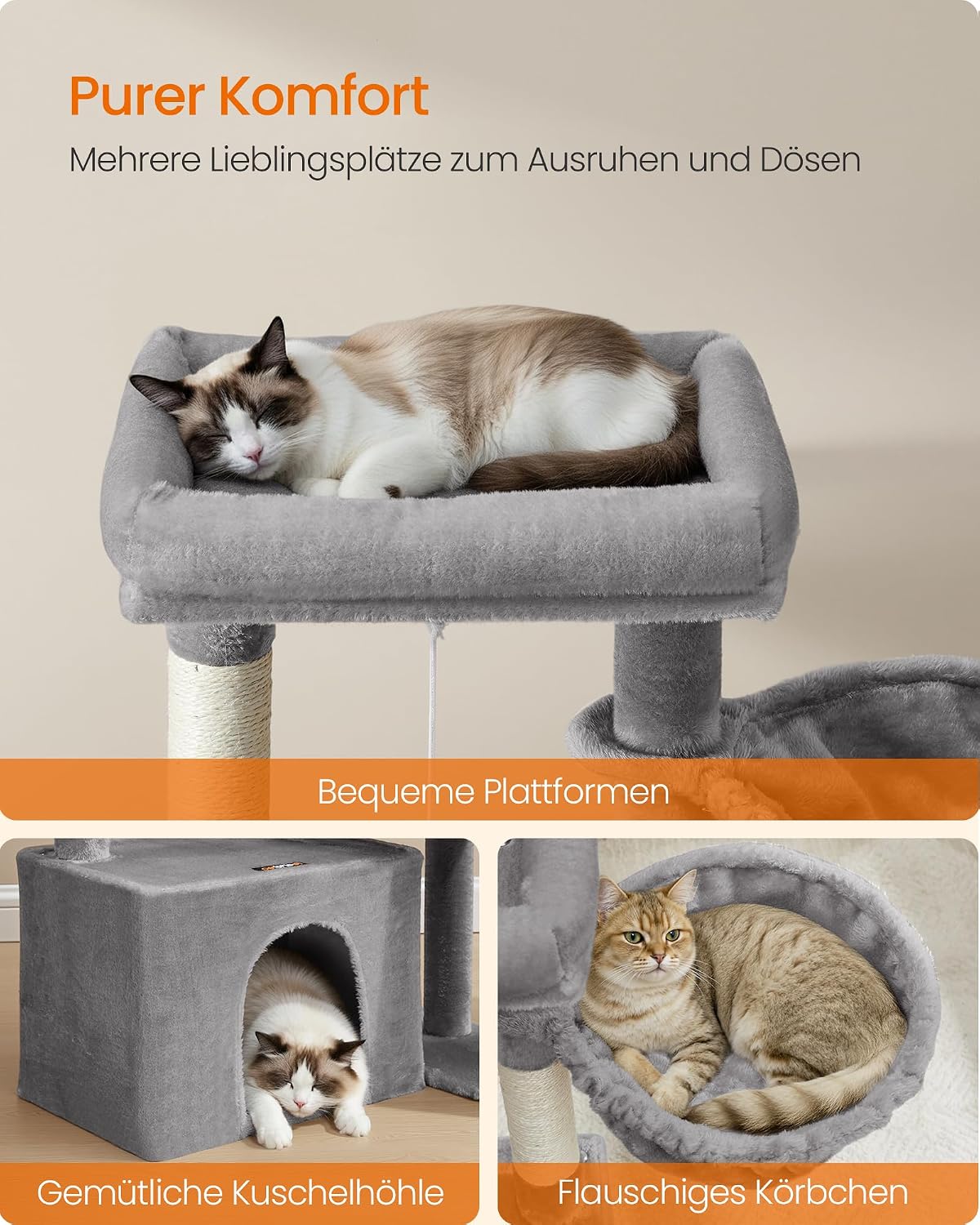 Detalle 2 de Feandrea Kratzbaum mit Kratzsäulen, Rampe und 2 großen Plattformen (Taubengrau) PCT013GD01