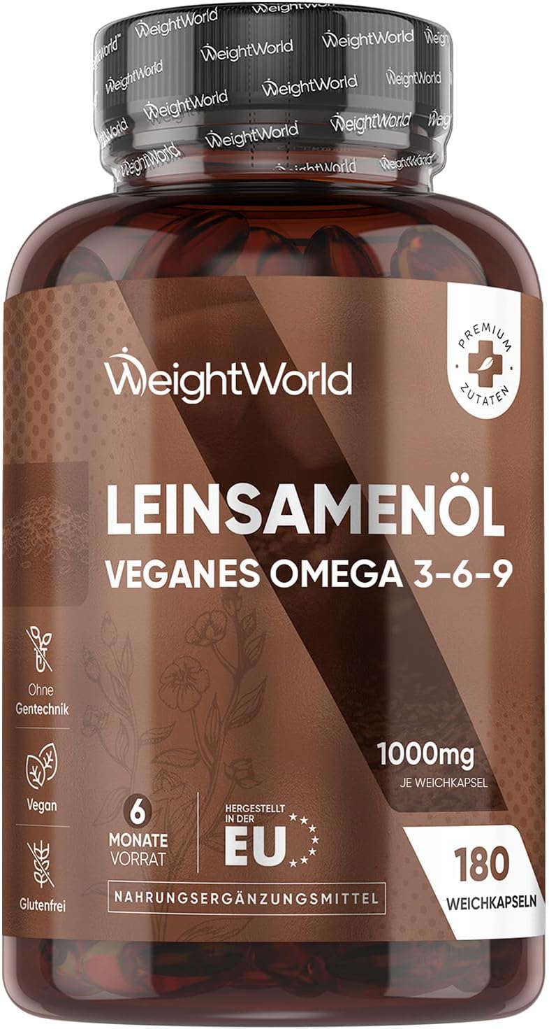 Detalle de Omega 3-6-9 Vegan Weichkapseln aus Leinsamenöl – 180 Stück, 1000 mg pro Kapsel