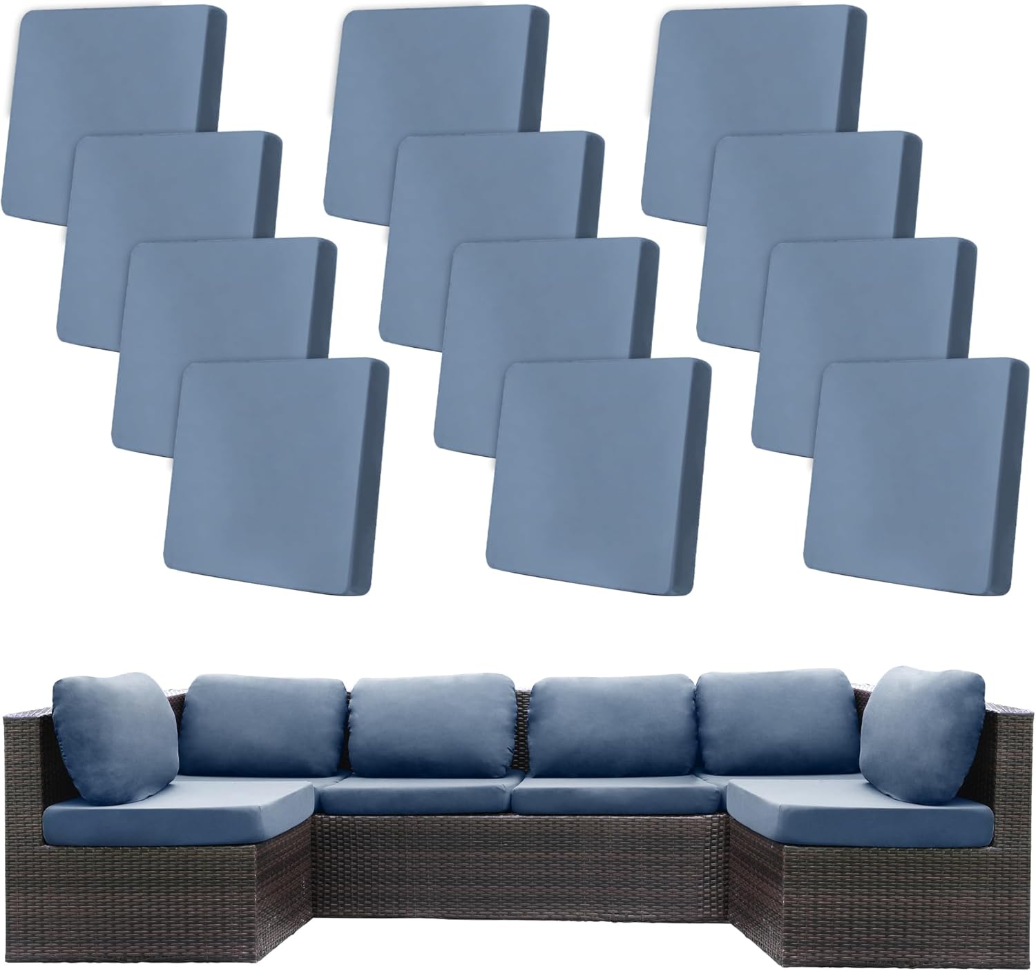 Detalle de 12 Pcs Stretch Patio Cushion Covers (Gray Blue) – Replacement Outdoor Sofa Slipcovers