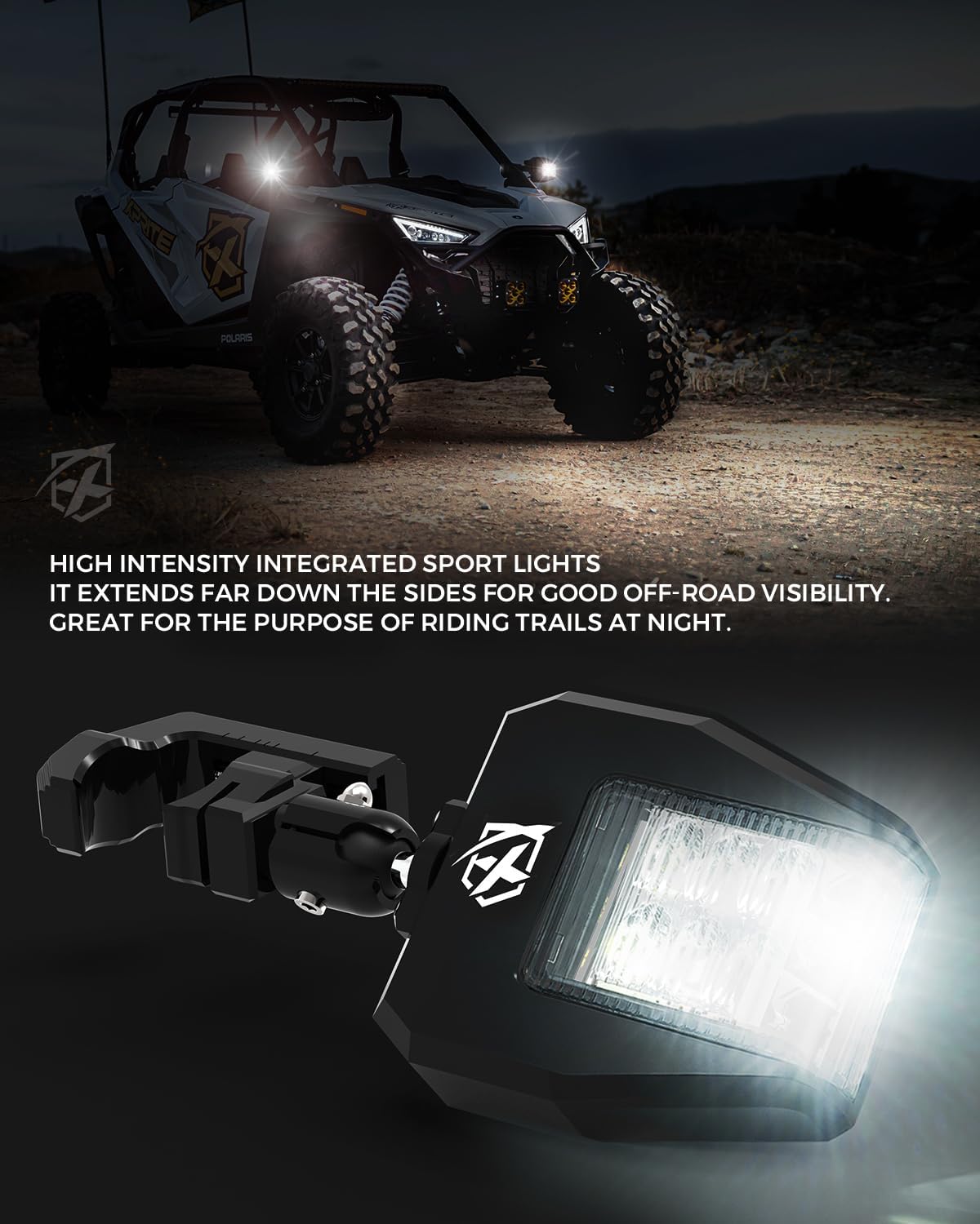 Detalle de Xprite Classic UTV Side View Mirrors w/ LED Spot Light, Smoke Lens (Fits 1.75"–2" Roll Cages)