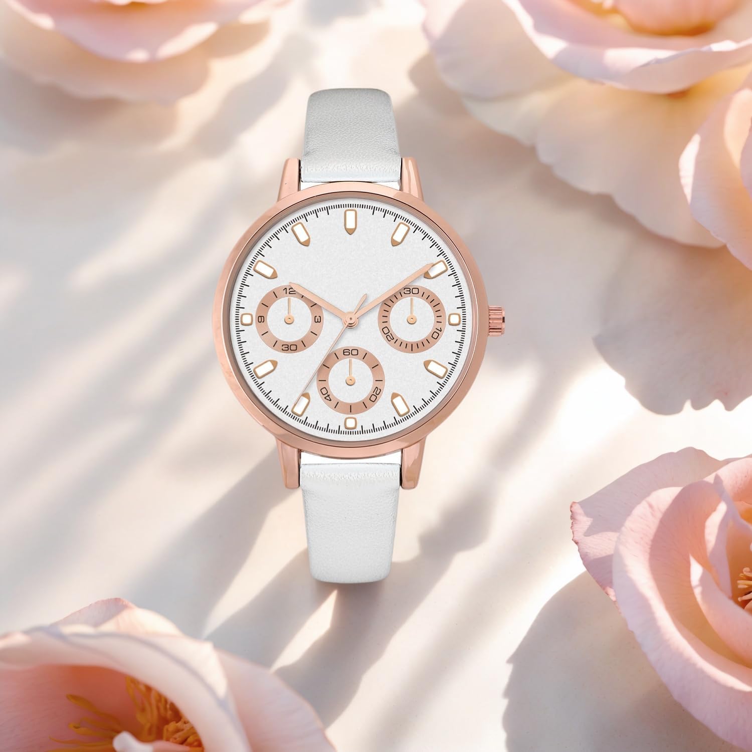 Thumbnail 4 de Damenuhr in Roségold-Optik mit weißem Zifferblatt, drei Deko-Subzifferblättern und weißem Lederarmband