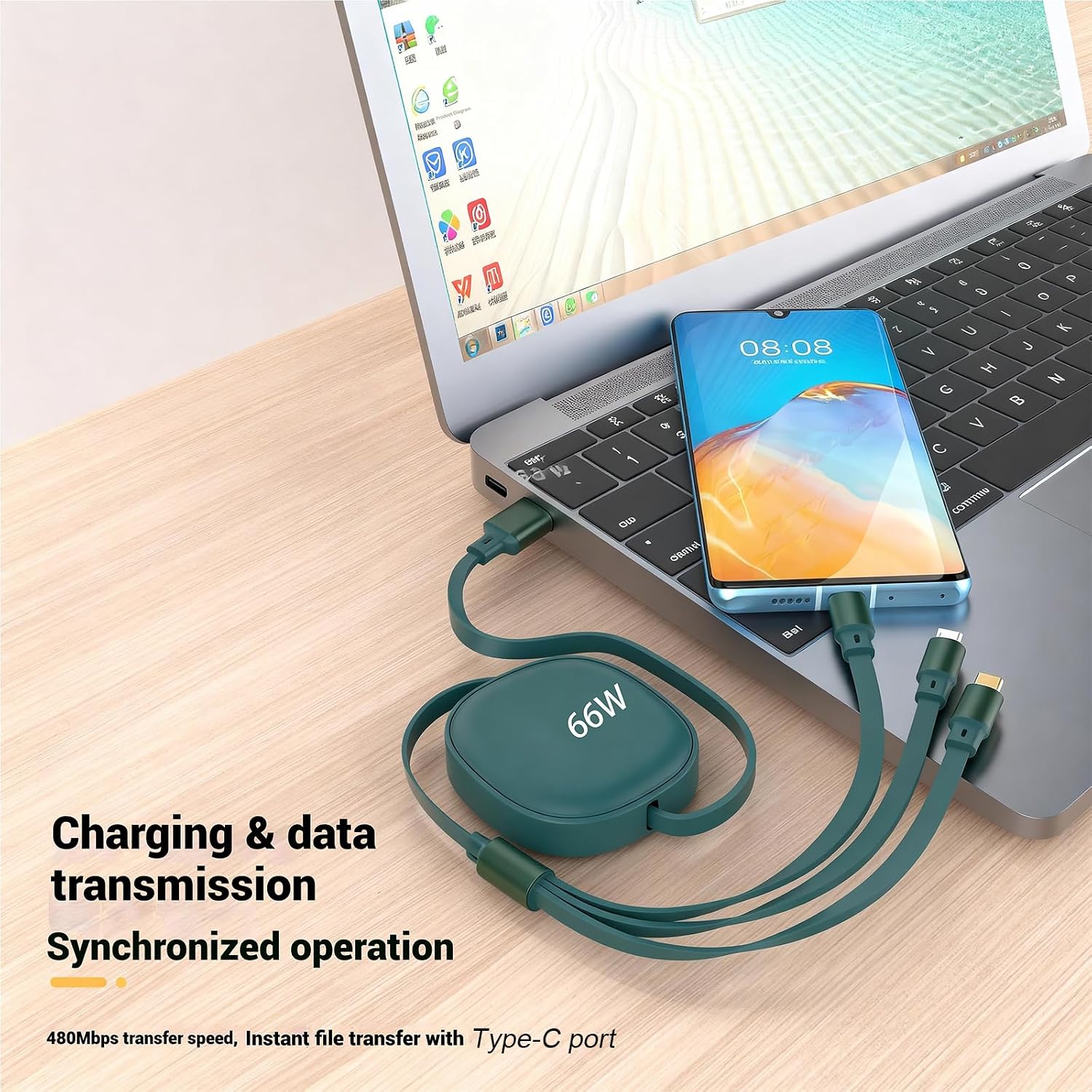 Detalle 2 de Multi Charger Cable 66W 3‑in‑1 retractable 1.2m