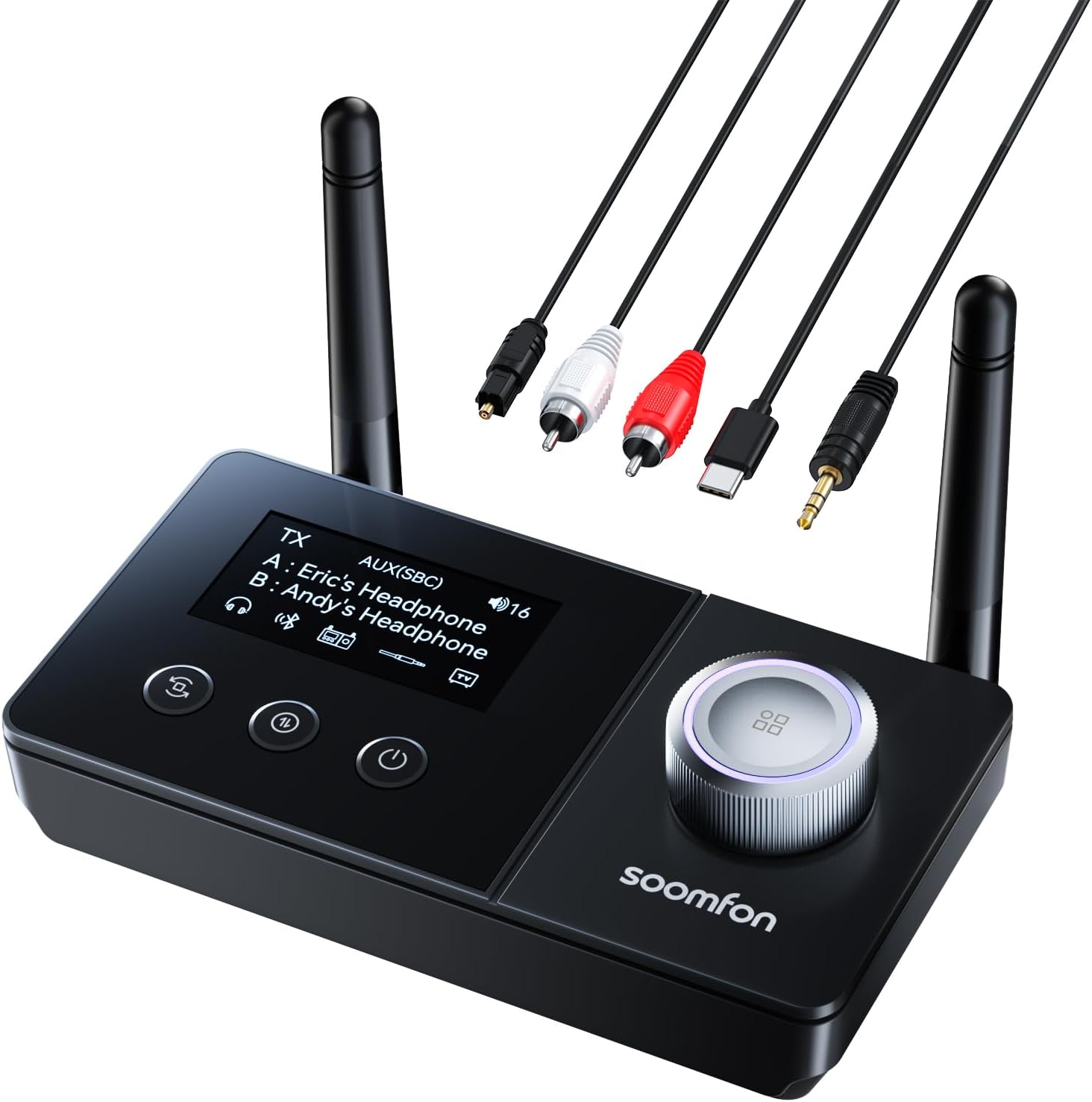 Detalle de Soomfon Emetteur Récepteur Bluetooth 5.3 3 en 1 pour TV (TX/RX/Bypass) double connexion, portée jusqu’à 30 m