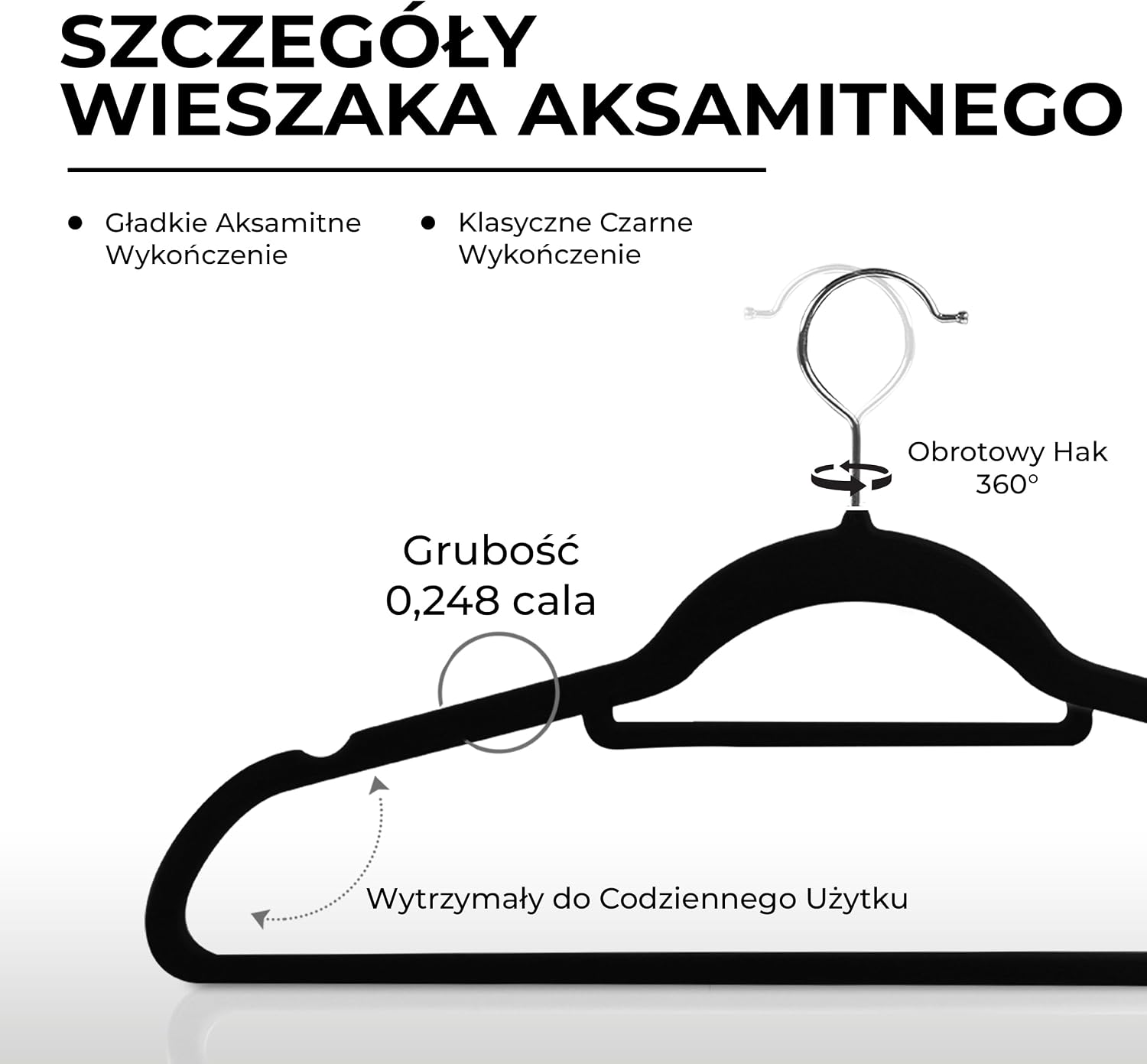 Detalle de Utopia Home Premium – czarne wieszaki aksamitne, 50 szt., antypoślizgowe, haczyk 360°