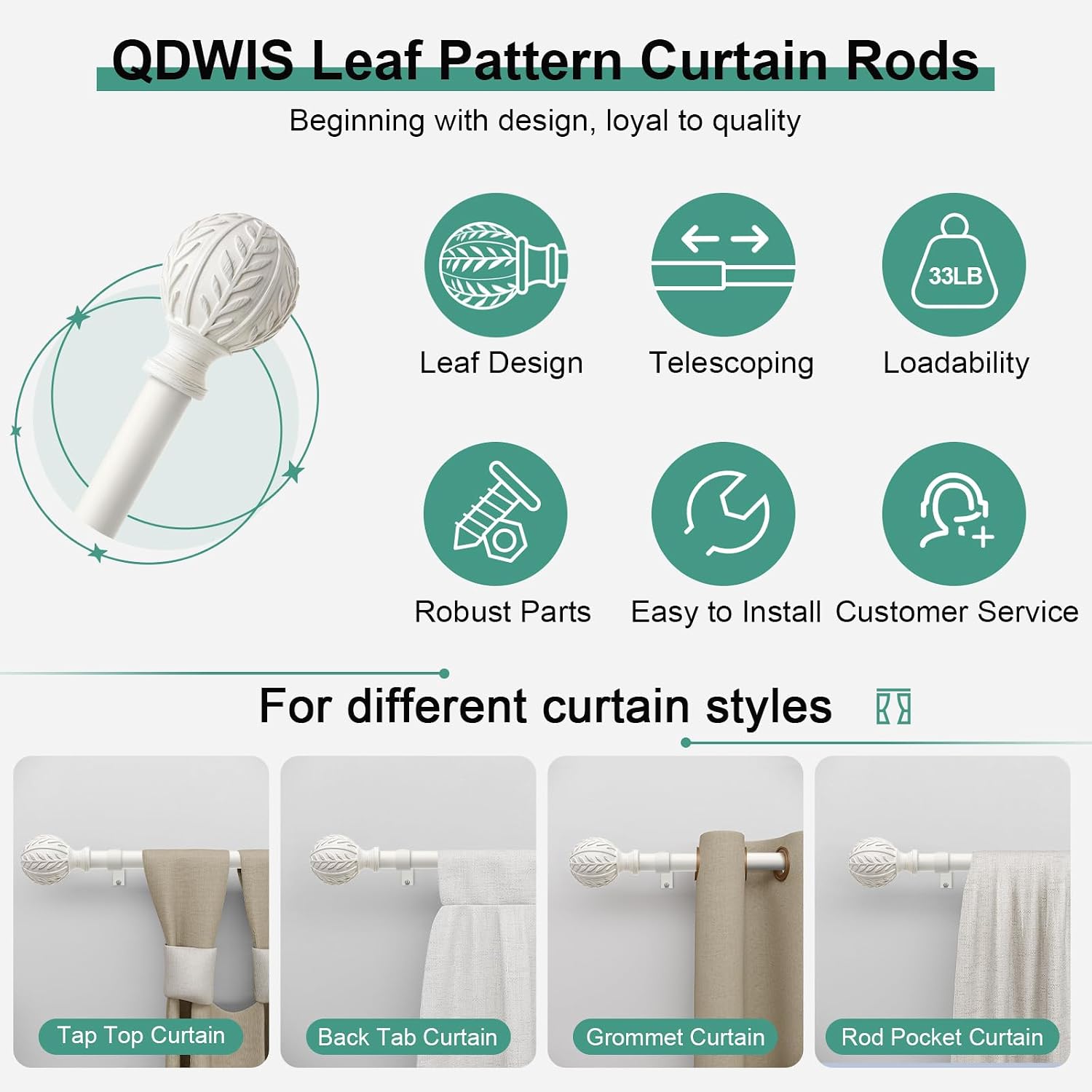 Thumbnail 5 de QDWIS Adjustable Curtain Rod Set, 36–88 Inches, Antique White with Leaf Finials