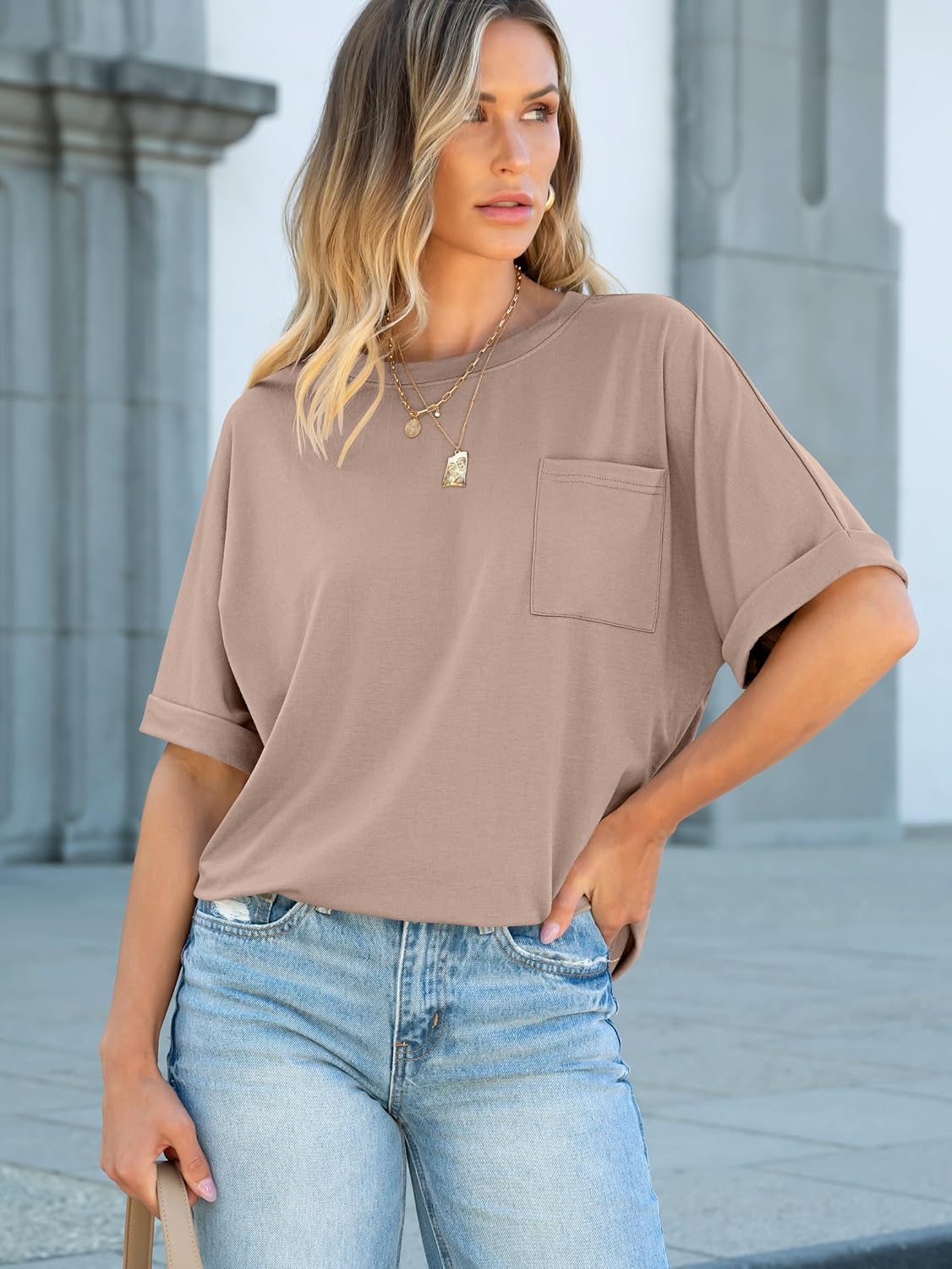 Detalle de ANRABESS Women's Oversized Short-Sleeve T-Shirt with Chest Pocket