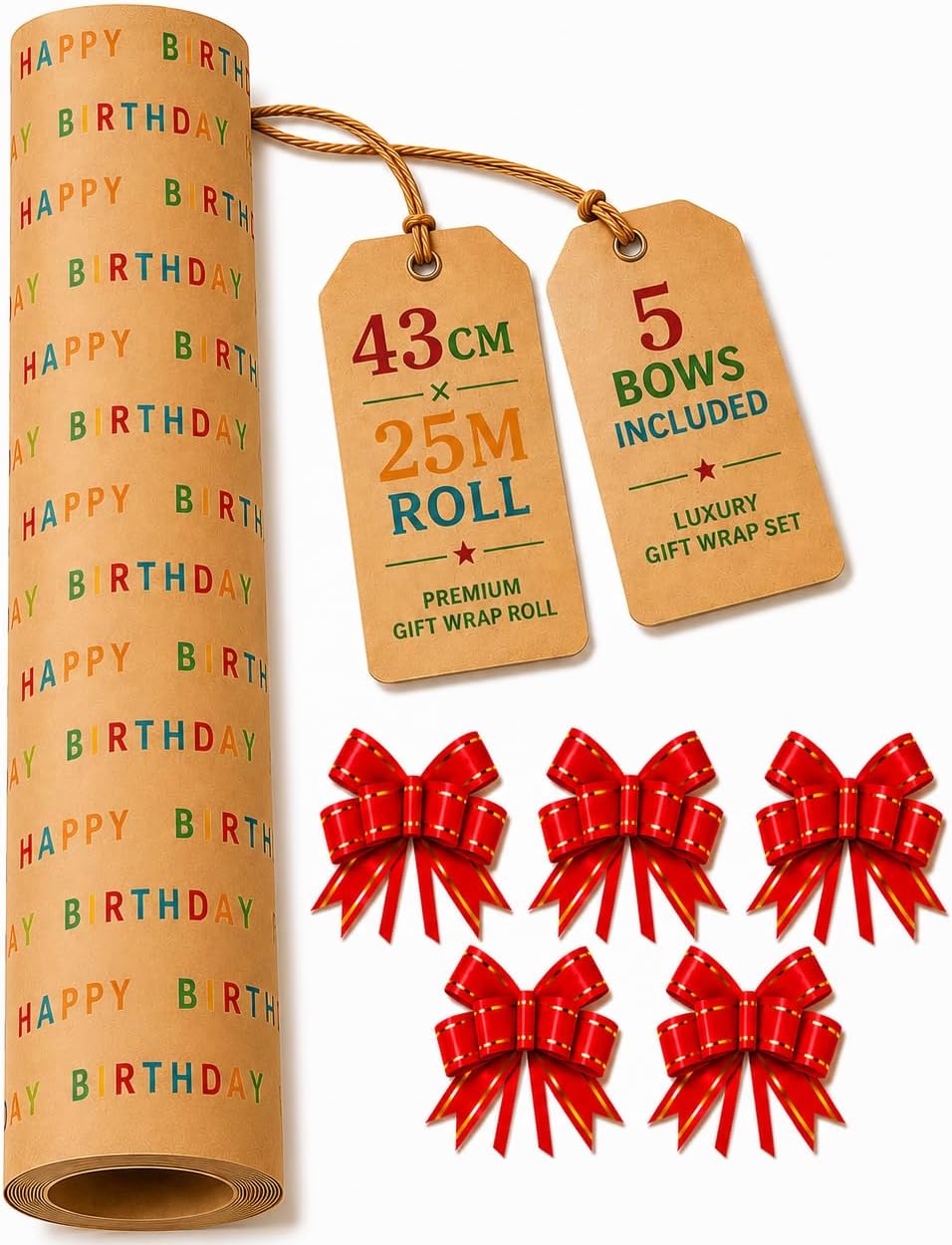 Detalle de HURUC Happy Birthday Wrapping Paper Roll 43cm x 25m with 5 Red Pull Bows