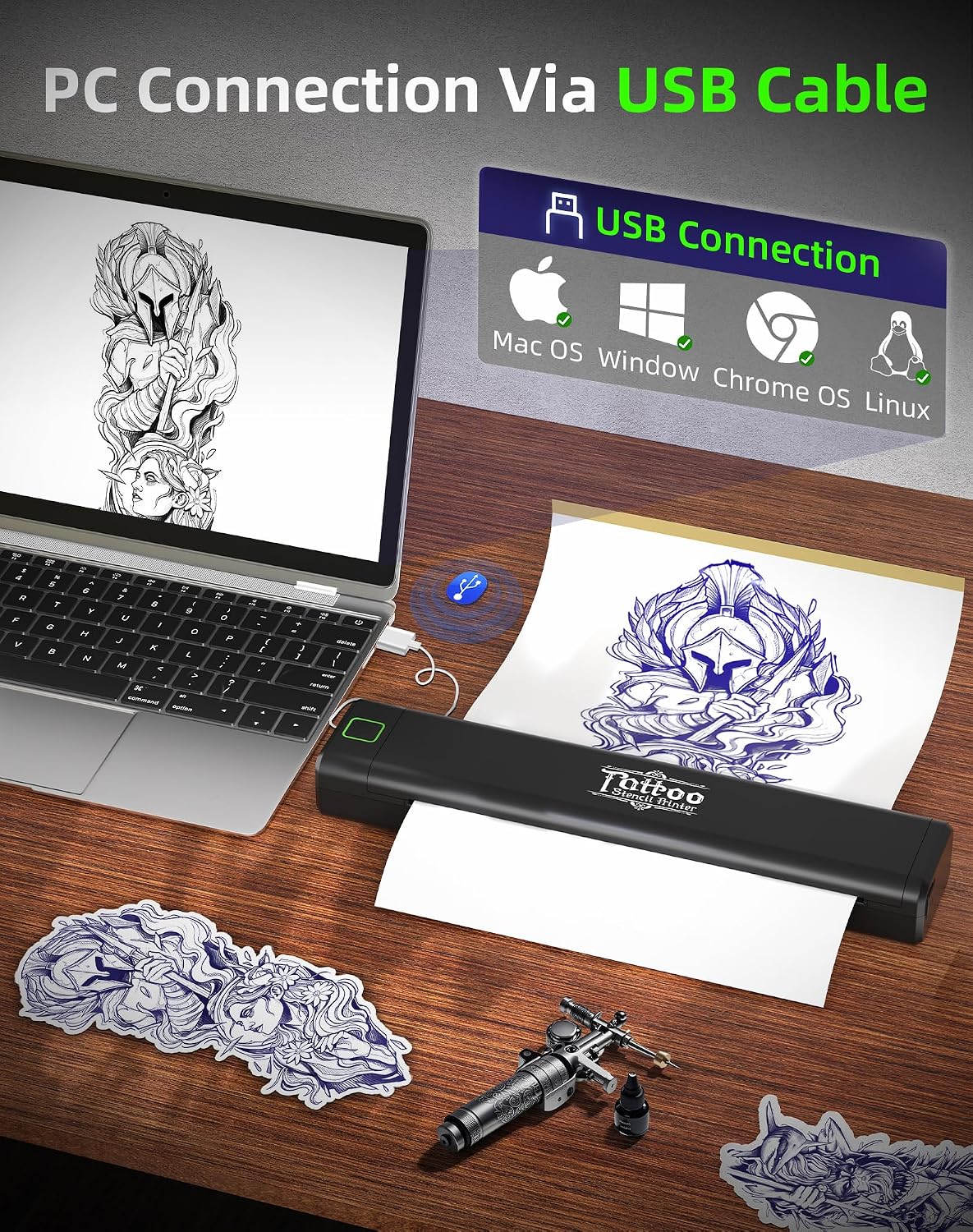 Detalle de BORN4SHIP Tattoo Drucker Bluetooth P84 – Thermodrucker für Tattoo-Schablonen (A4/Letter, Schwarz)