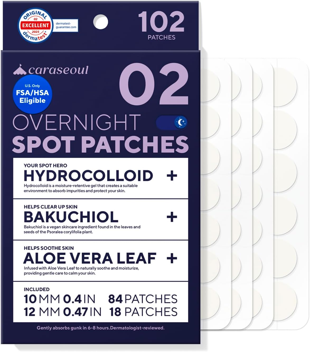 Detalle de caraseoul Patch Brufoli Notte – Pimple Patch Anti Acne, Hydrocolloid Denso con Bakuchiol e Aloe Vera (102 pezzi, 2 taglie 10/12 mm)