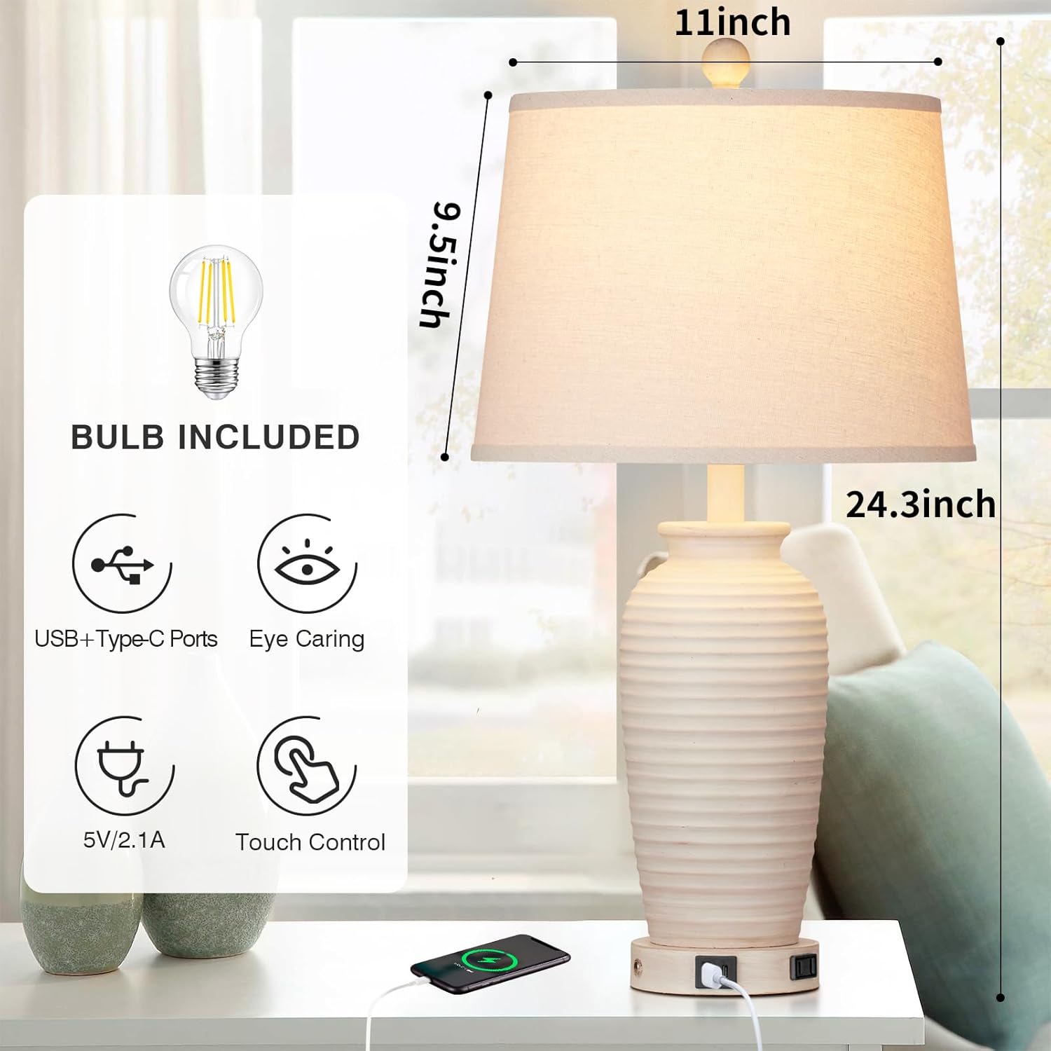 Detalle 2 de CINSARY TD-CS-225-1 25" Farmhouse Jar Table Lamps, Set of 2 with Touch Control