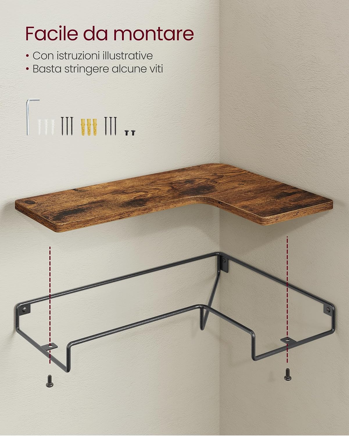 Detalle de VASAGLE Mensole Angolari a Forma di L LLS833KD01, set da 3 mensole galleggianti in stile industriale