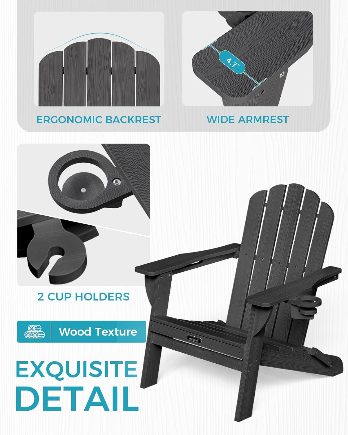 Thumbnail 4 de Eesdom Folding Adirondack Chairs, Set of 4, Black with 2 Cup Holders