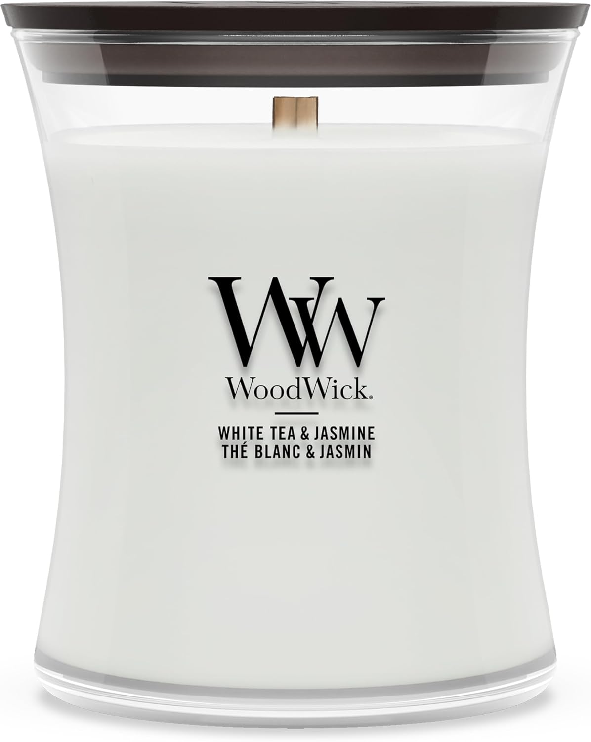 Detalle de WoodWick jarre parfumée moyenne Thé Blanc & Jasmin à mèche en bois crépitante (jusqu’à 60 h)