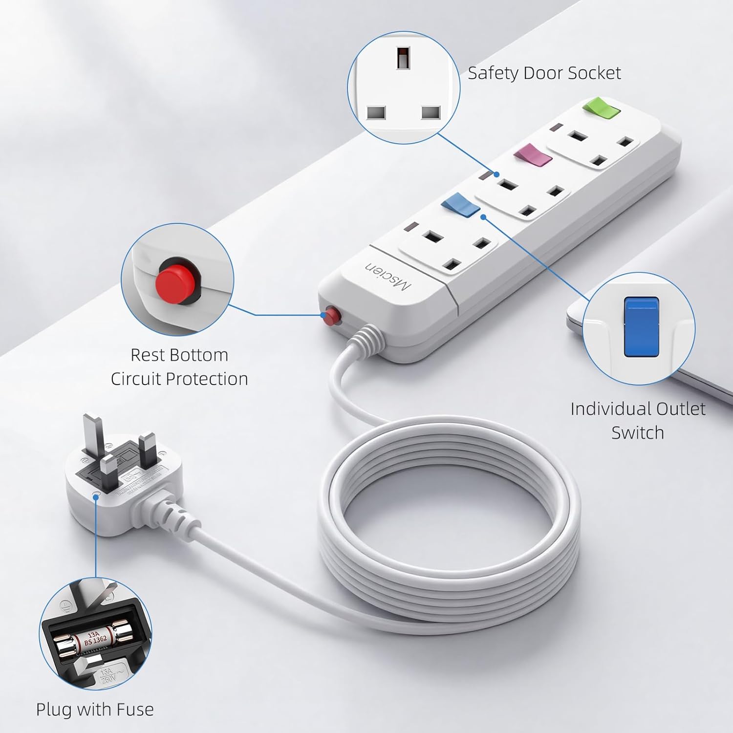 Thumbnail 1 de Mscien 1 Metre Extension Lead 3-Way with Individual Switches & Fused Protection (2500W)