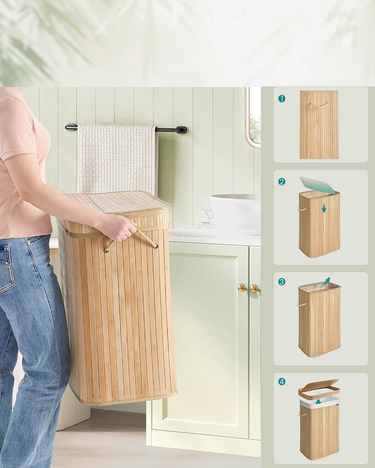 Detalle 2 de SONGMICS LCB061N01V1 tvättkorg med lock, 72 liter, bambu och uttagbar tvättpåse