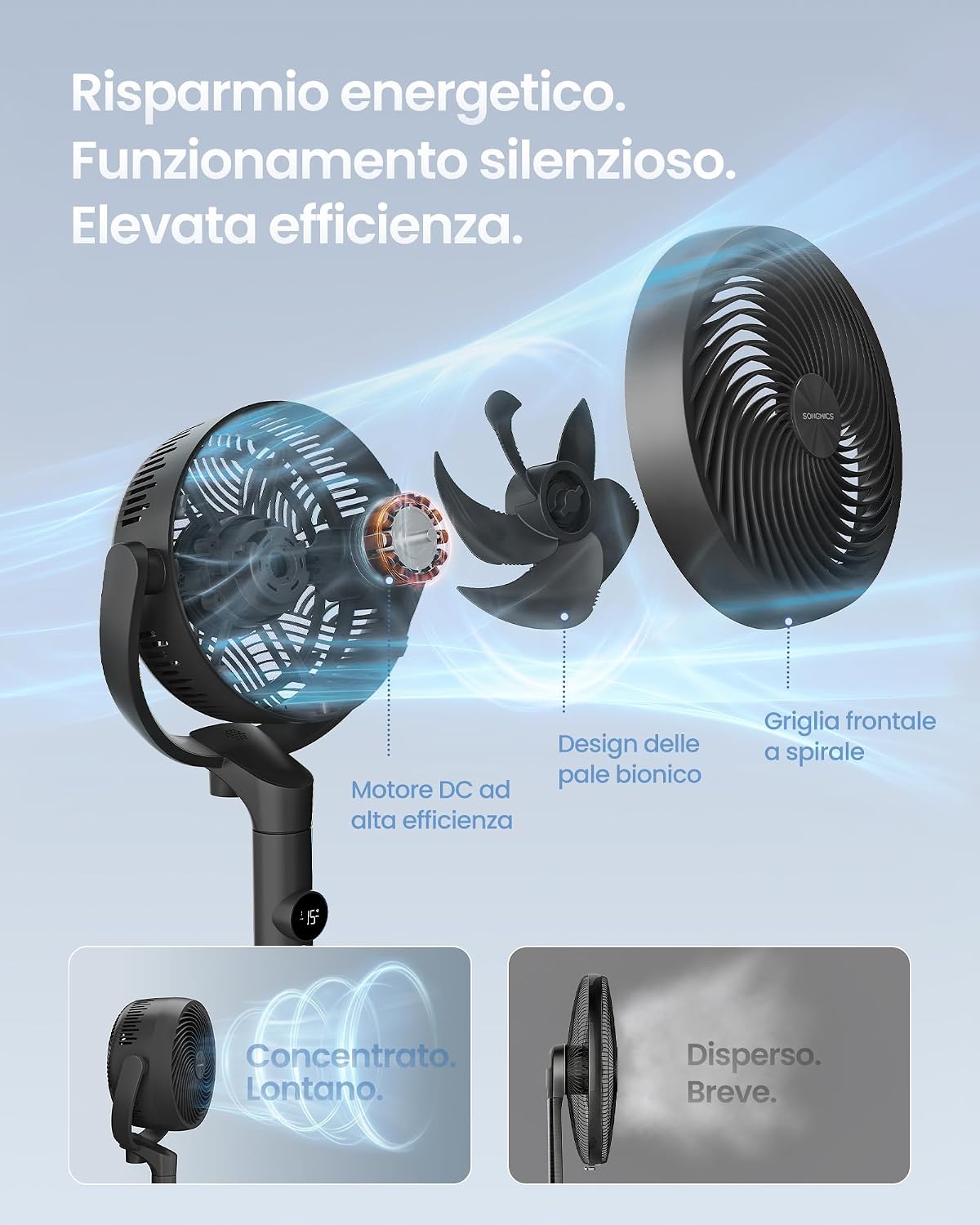 Detalle 2 de SONGMICS Ventilatore a Piantana XFC002W1EU: silenzioso, versatile e regolabile per ogni stanza