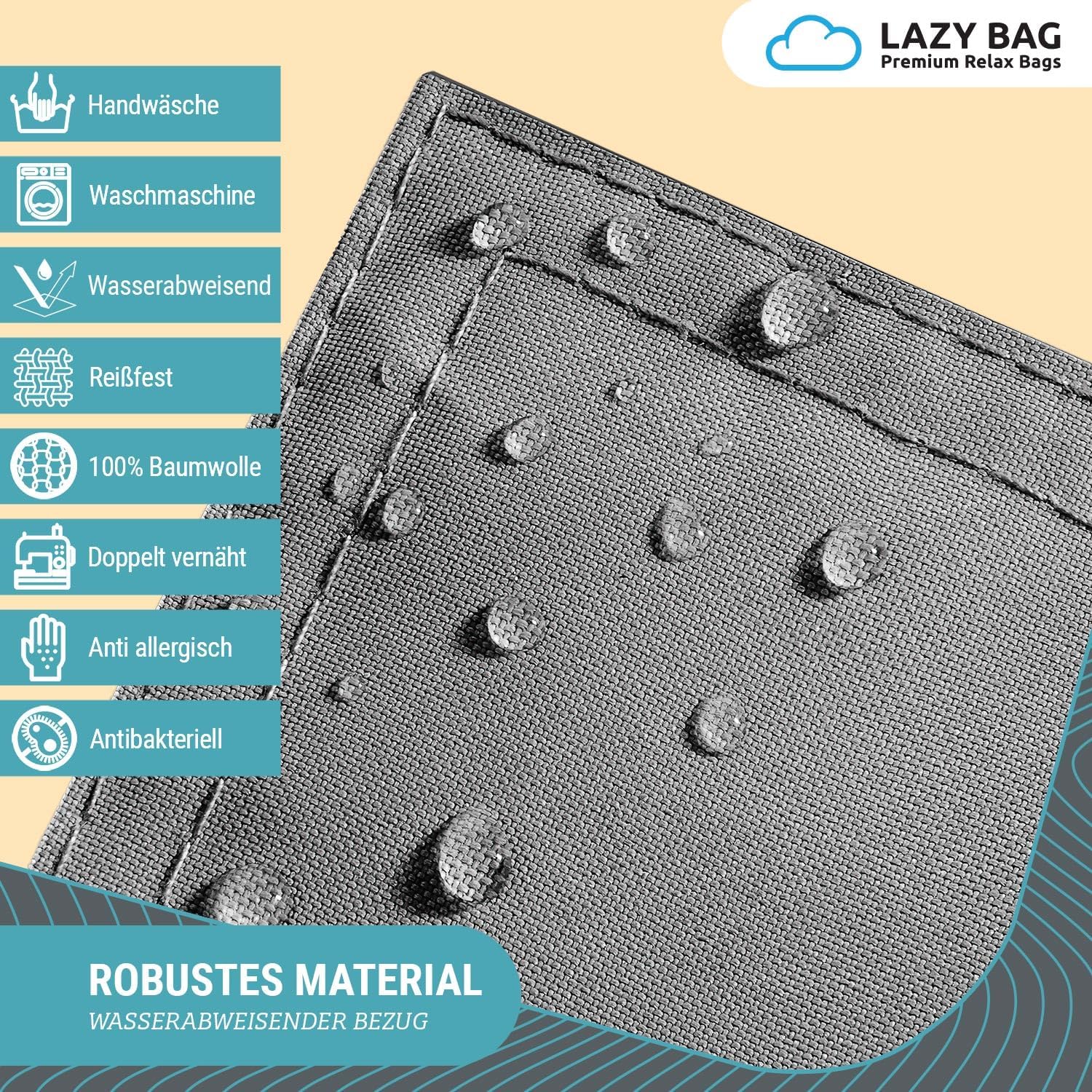 Detalle de LAZY BAG Riesen-Sitzsack Classic XXL 140x180 cm – 2-in-1 Sofa zum Sitzen oder Liegen