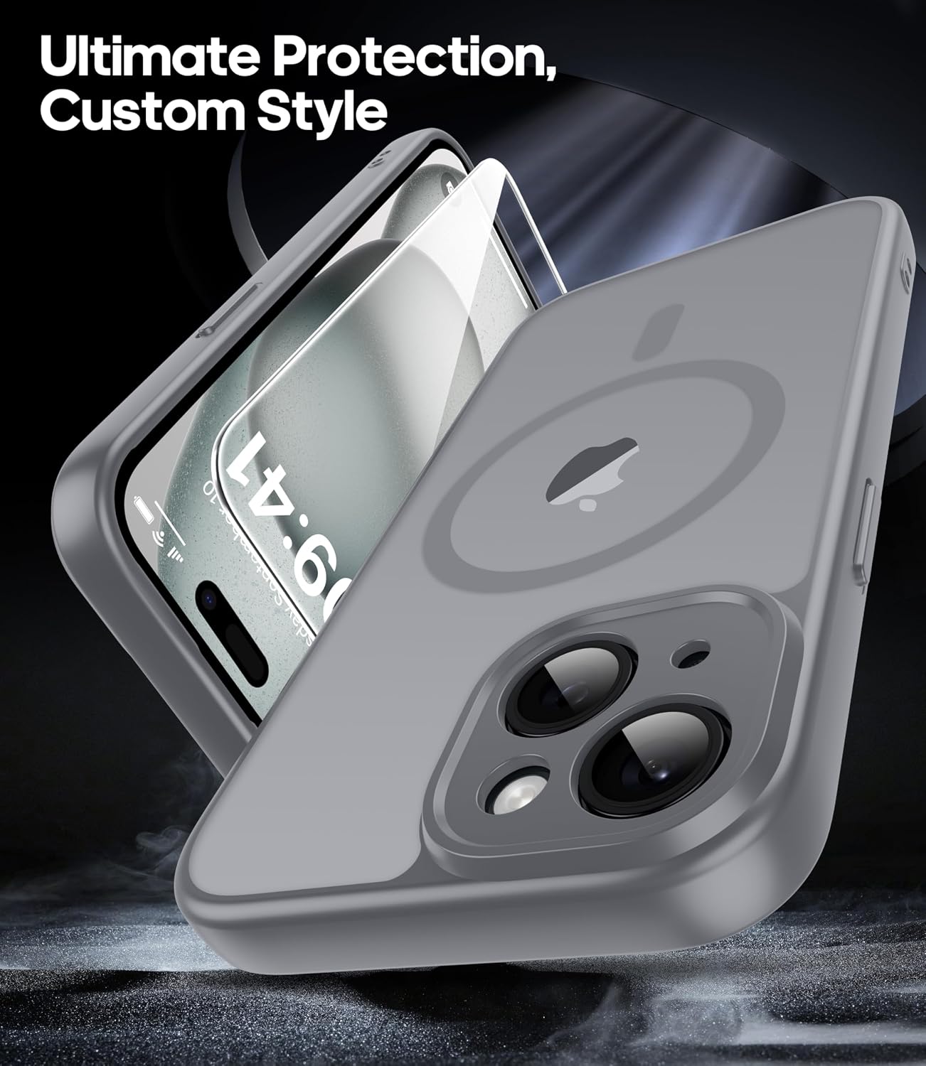 Detalle de FLLAO iPhone 15 case with MagSafe + magnetic fit and 2 tempered glass screen protectors (grey)