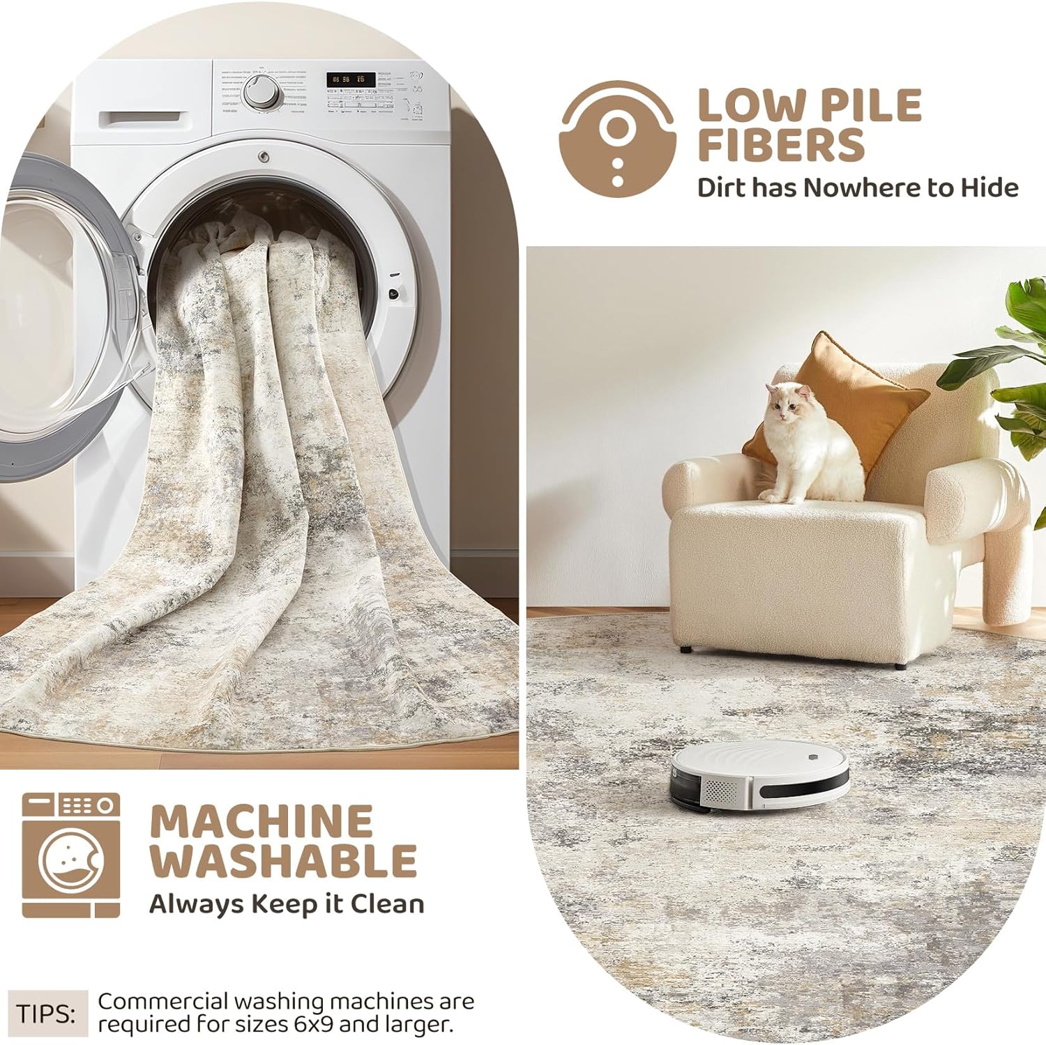 Thumbnail 3 de UERMEI 12x14 Neutral Abstract Washable Area Rug with Non-Slip TPE Backing (Golden Grey)