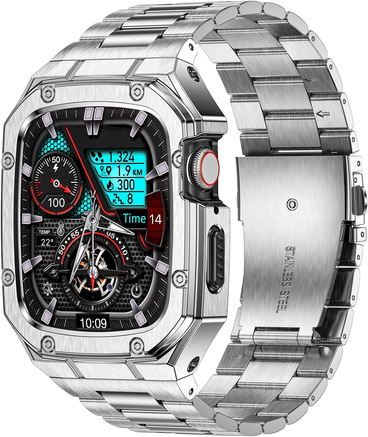 Detalle de Deczone Edelstahl-Armband mit Gehäuse für Apple Watch 42/44mm – kompatibel mit Series SE, 6, 5, 4, 3, 2, 1