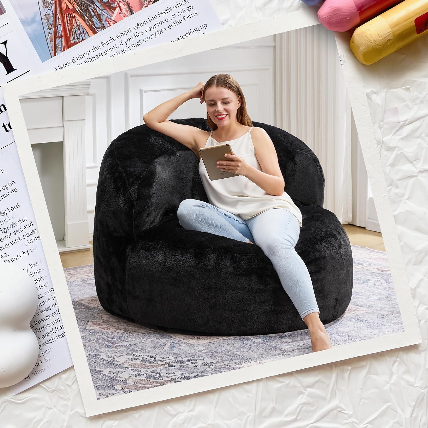Thumbnail 6 de Hobestluk Oversize Bean Bag Chair with Memory Foam and Black Faux Fur
