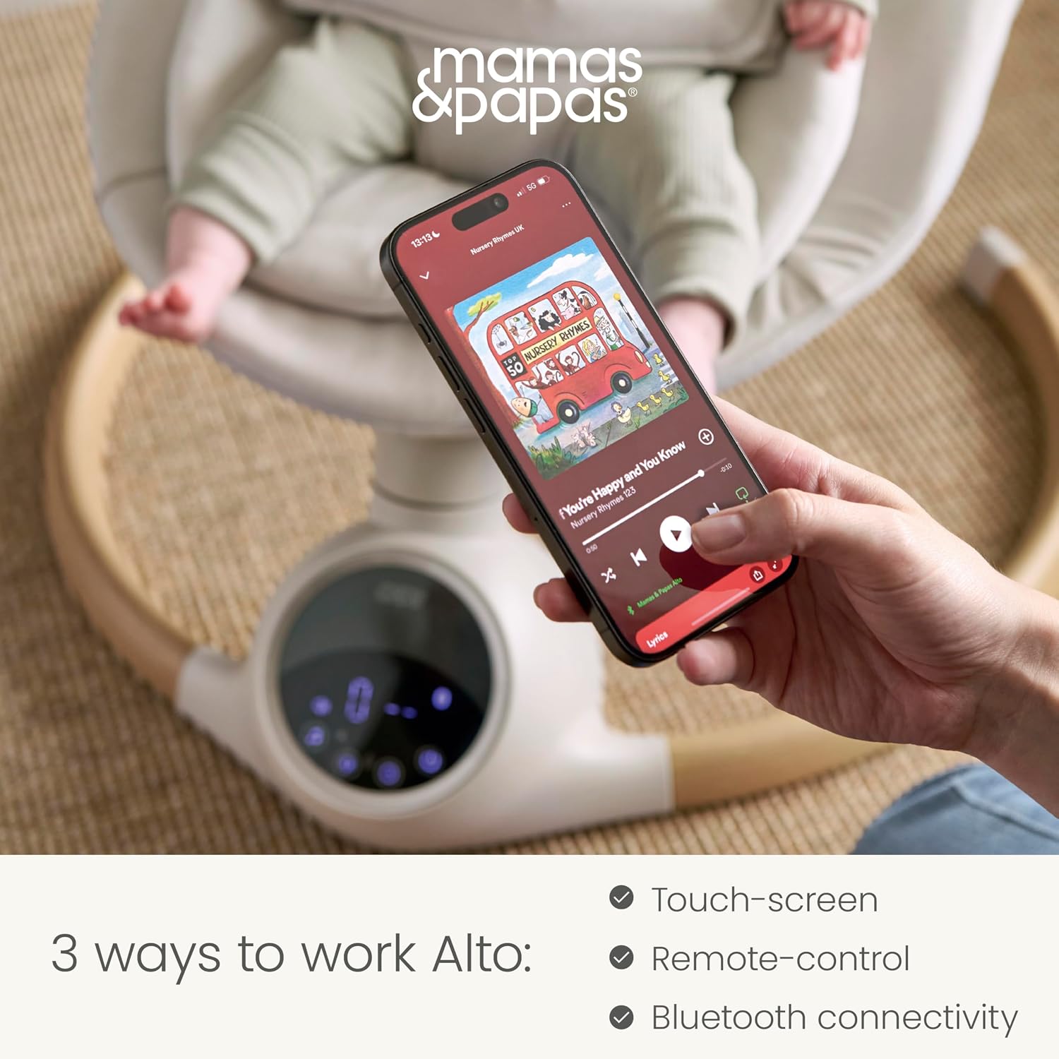 Detalle de Mamas & Papas Alto Smart Baby Swing (Cashmere): touchscreen, 5 speeds, Bluetooth and remote