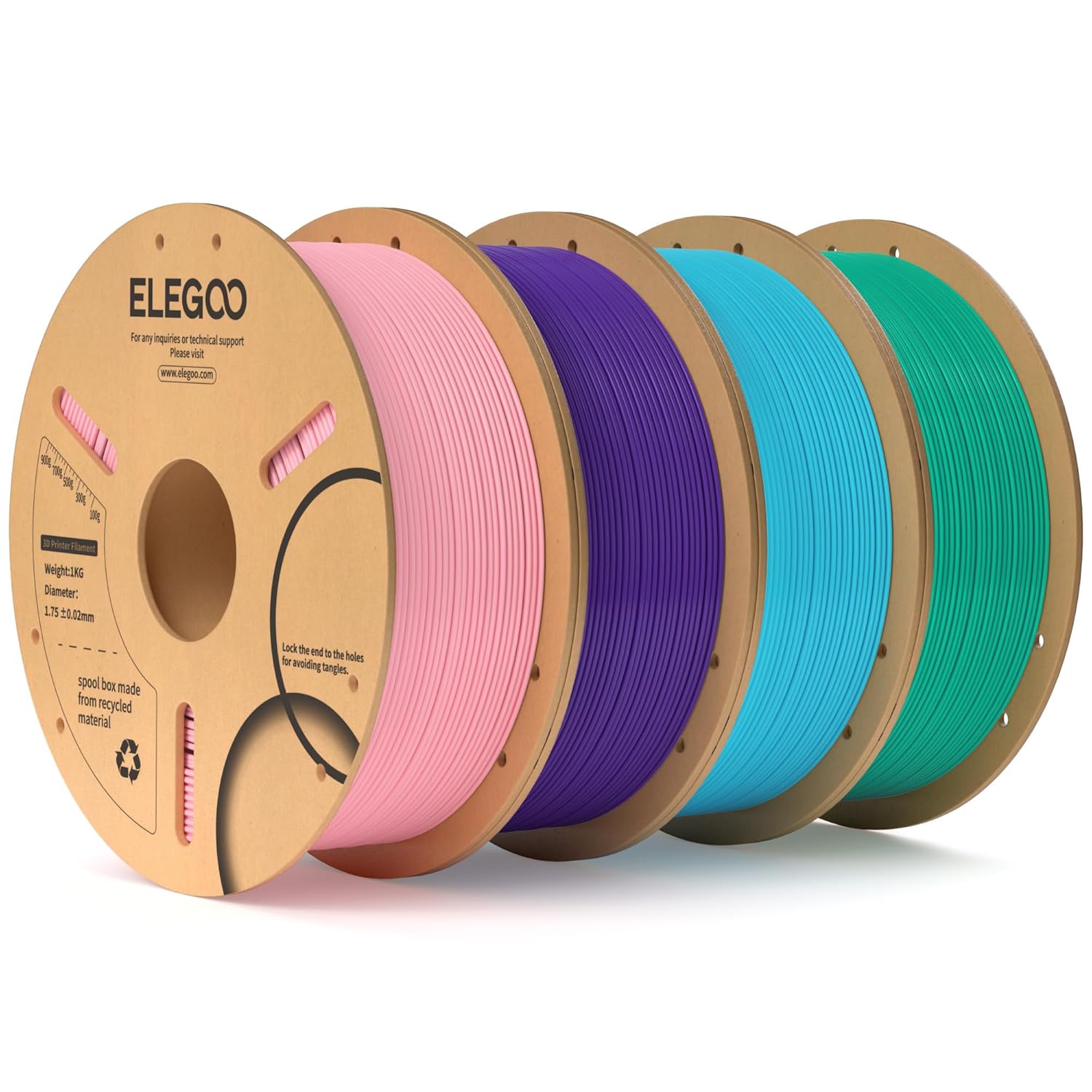 Detalle de ELEGOO PLA Filament 1.75mm Bundle 4KG (4 x 1kg) – Pink, Purple, Sky Blue & Sea Green