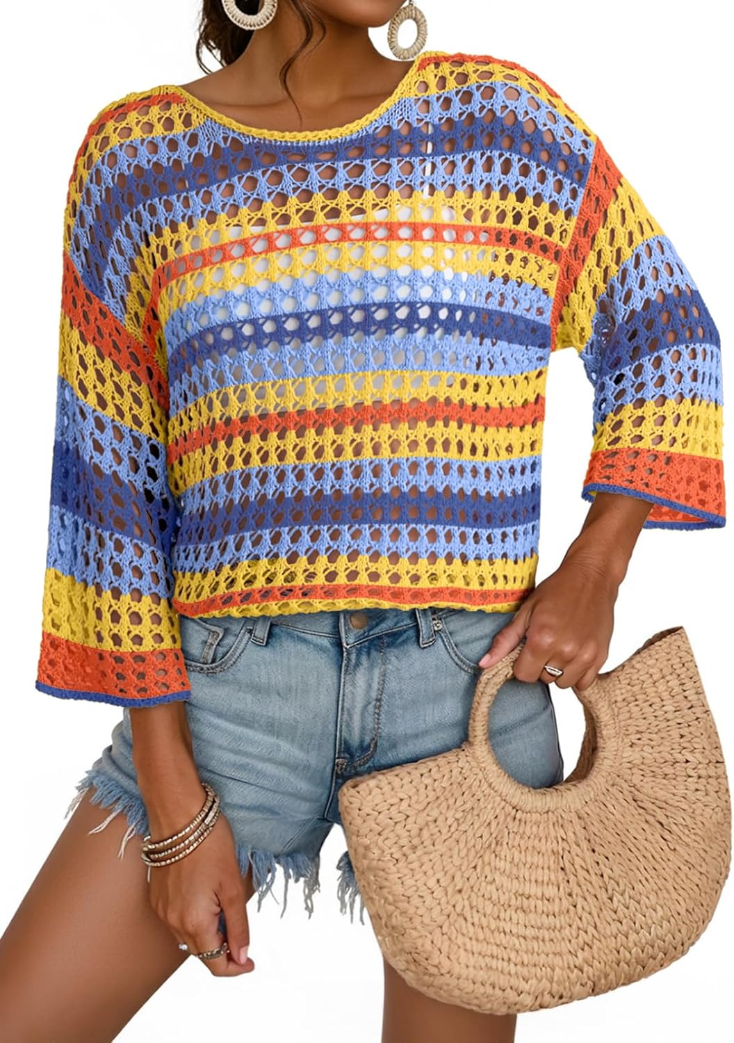 Thumbnail 6 de Dokotoo Womens Spring/Summer 3/4 Sleeve Crochet Hollow Out Color Block Top