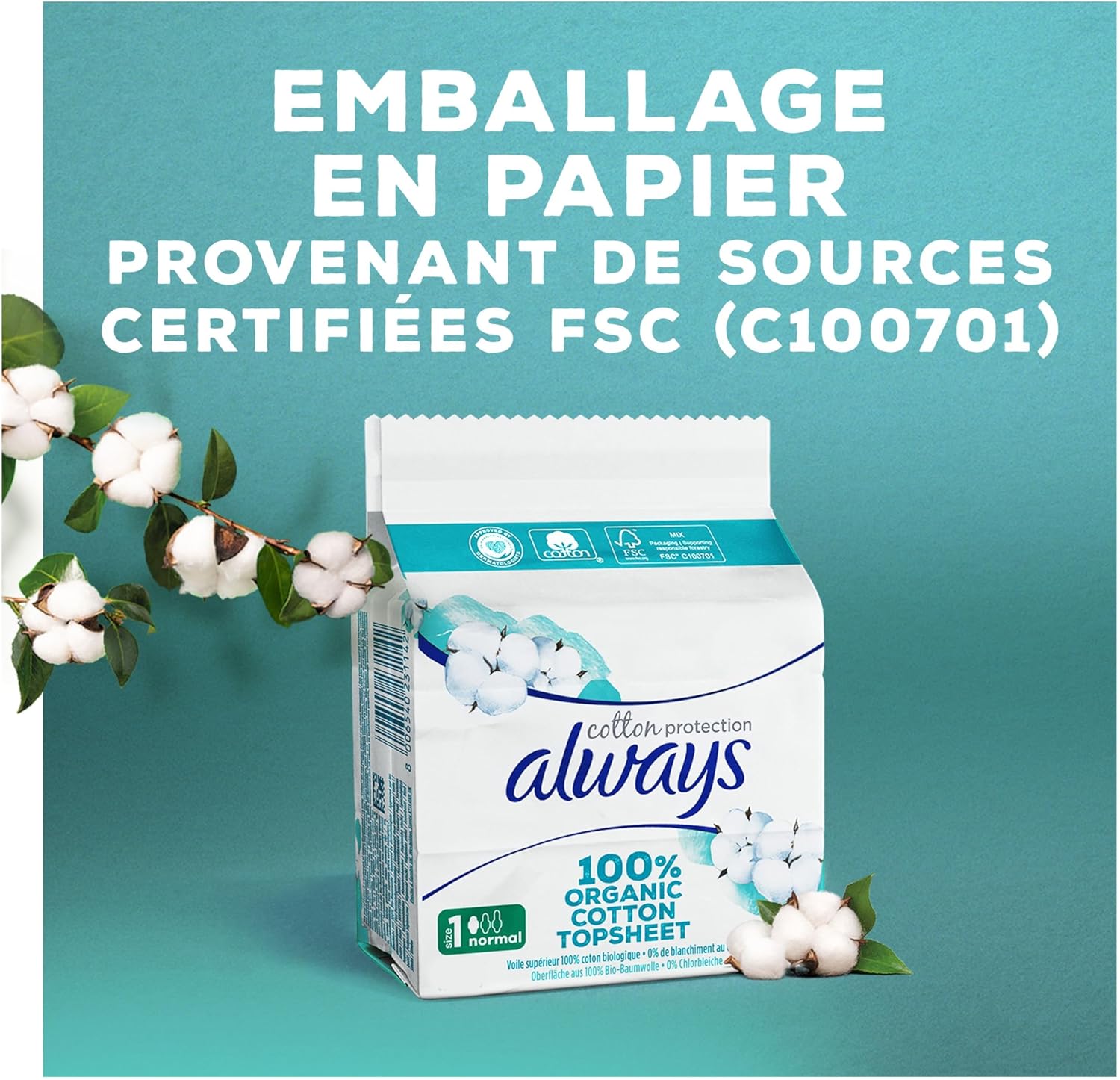 Thumbnail 5 de Serviettes Always Cotton Protection Normal avec ailettes : voile supérieur en coton biologique