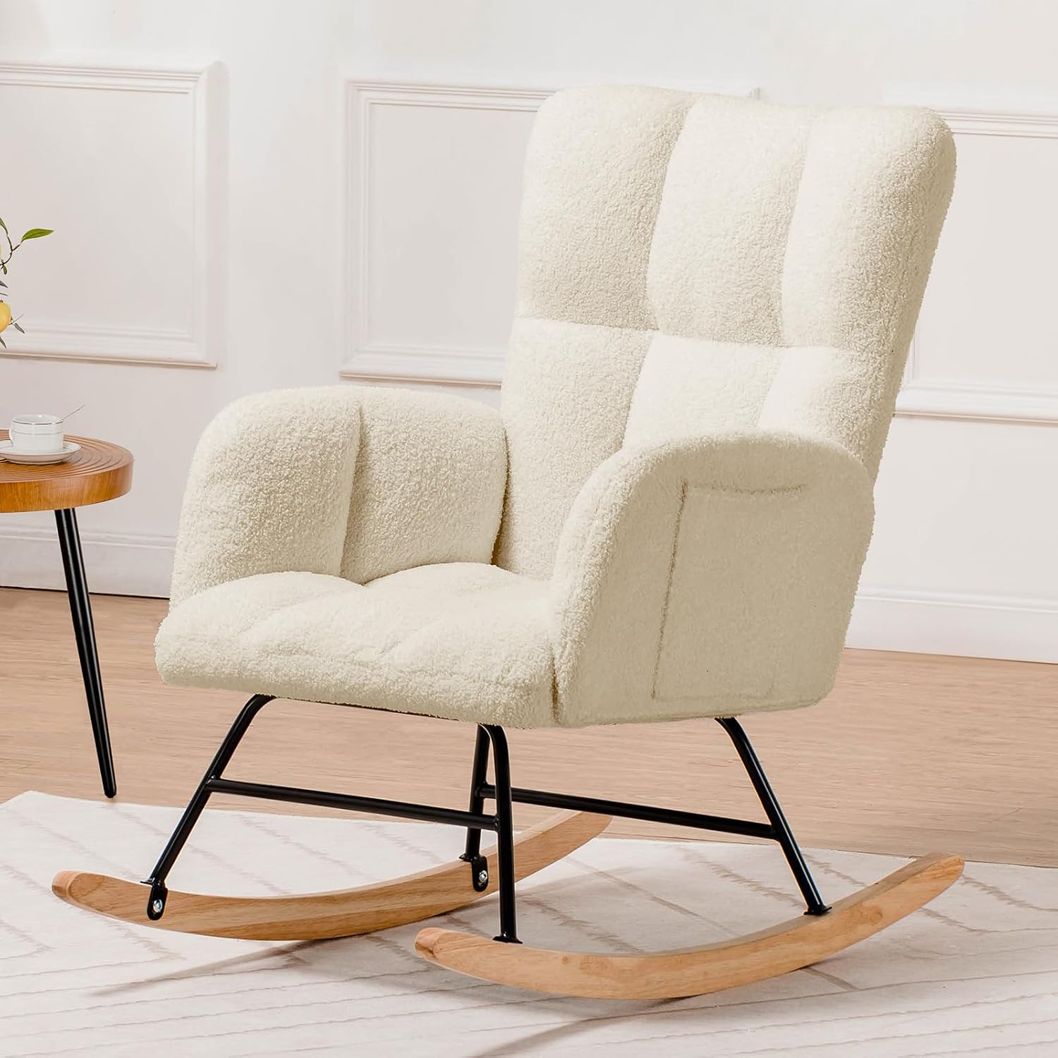 Detalle de COMHOMA H003 Rocking Chair, Beige Plush Upholstery, Wingback Design