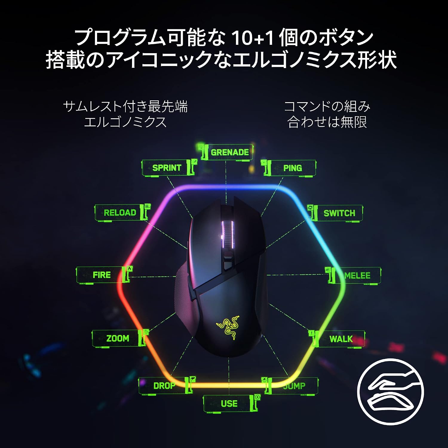 Detalle de Razer Basilisk V3 Pro ワイヤレスゲーミングマウス 30Kセンサー・11ボタン・13ゾーンRGB